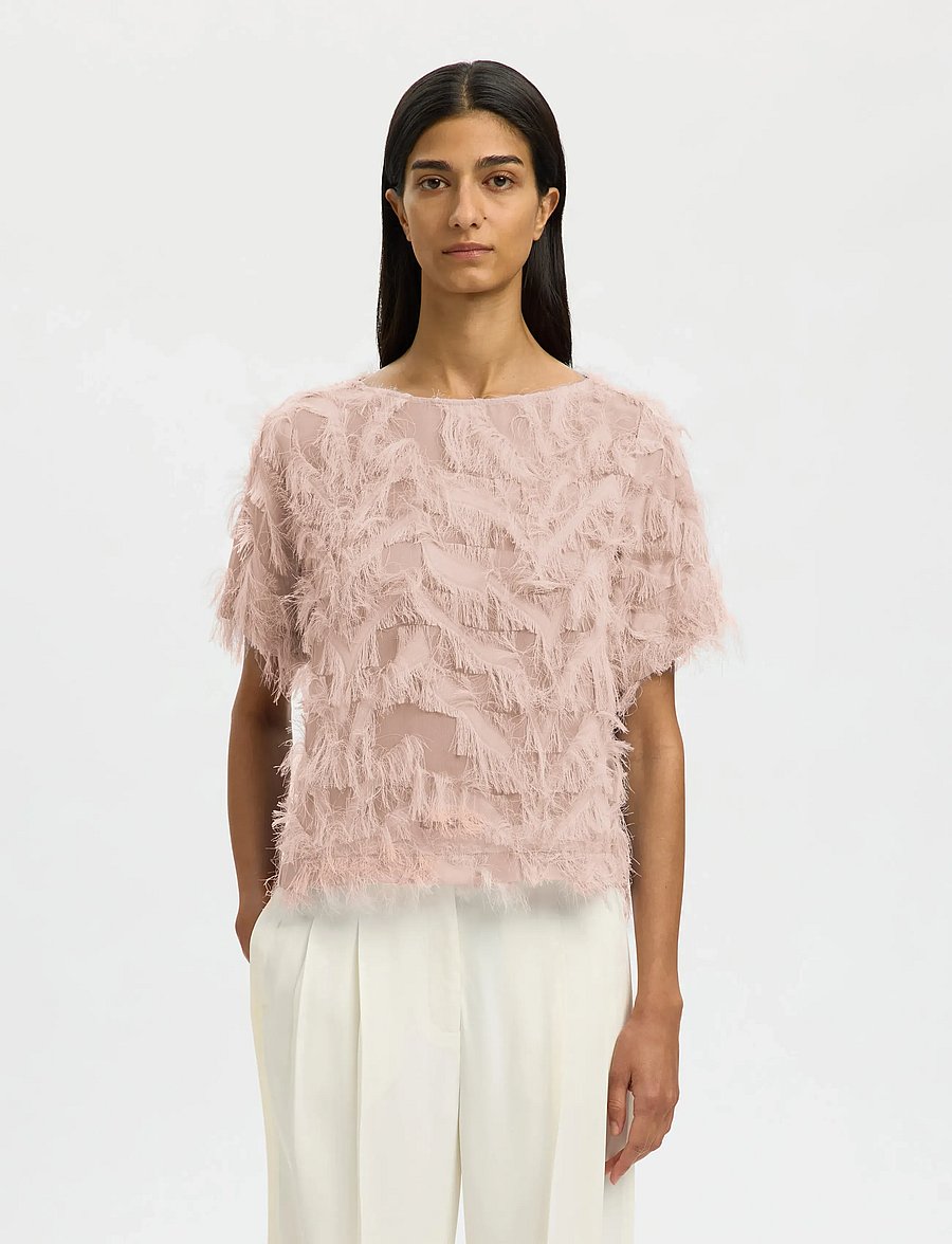 Selected - SLFMYLINE SS BOAT NECK TOP B - short-sleeved blouses - pale dogwood - 0