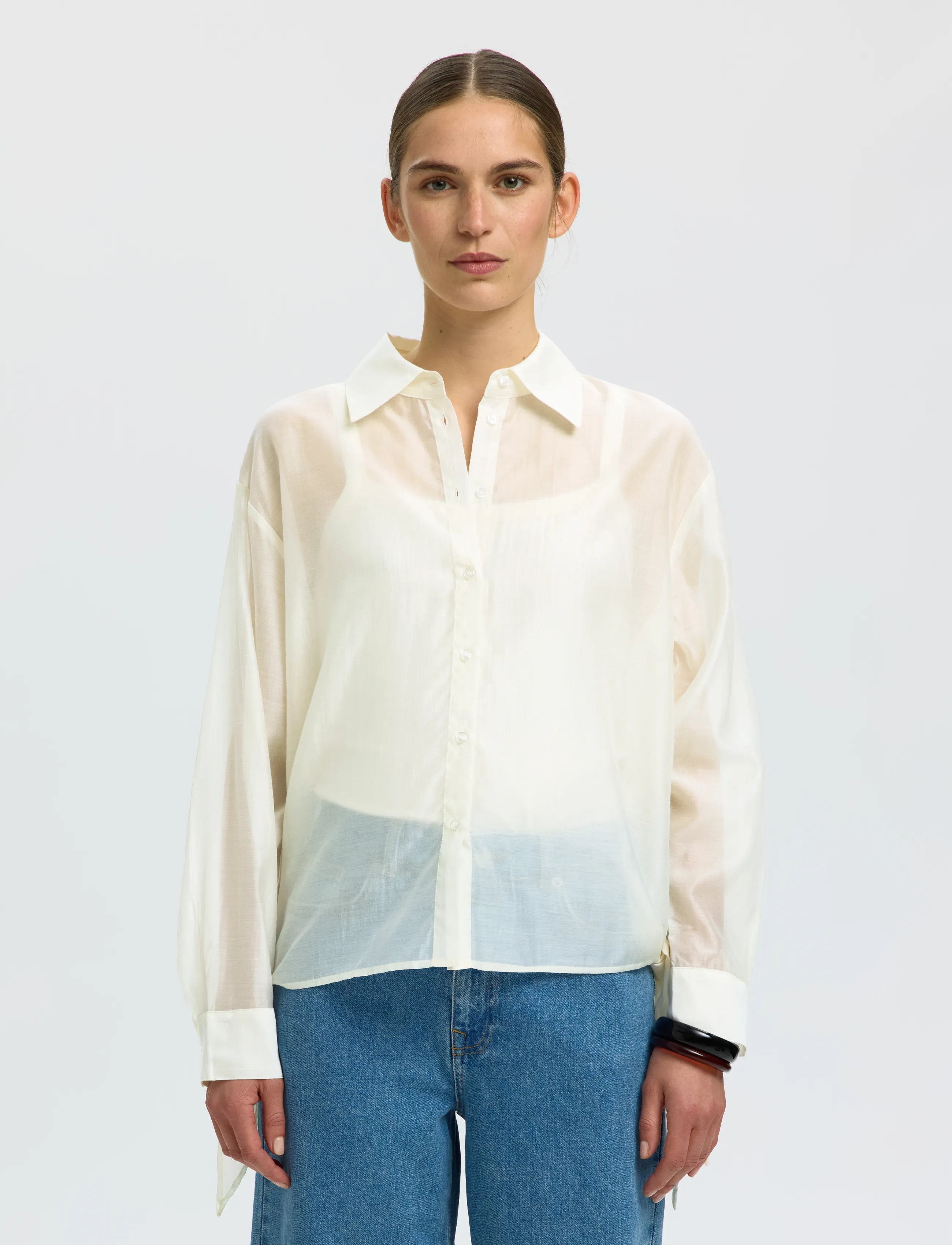 Selected SLFIRIS RELAXED LS TIE DETAIL SHIRT B - Marškiniai - EGRET / cream