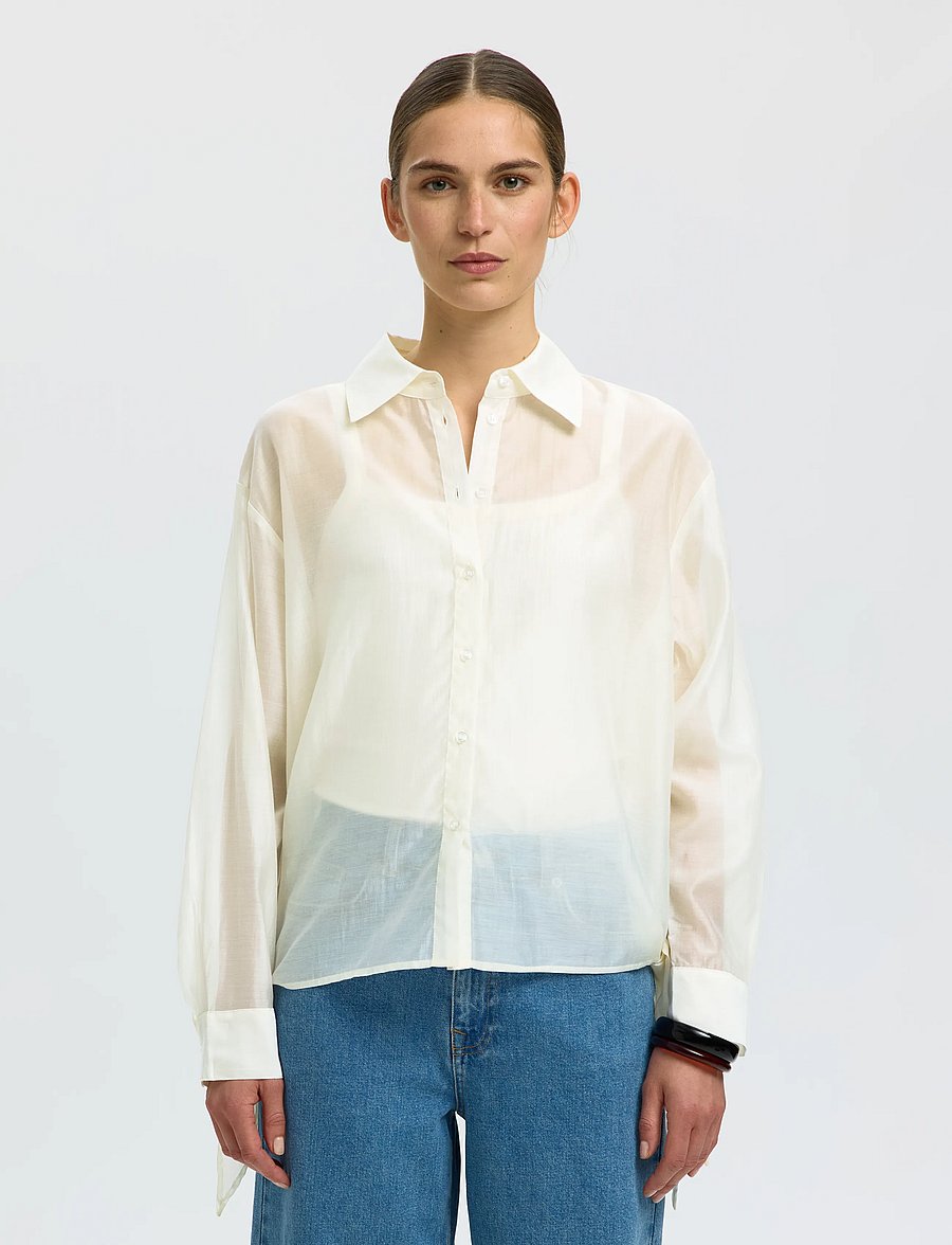 Selected - SLFIRIS RELAXED LS TIE DETAIL SHIRT B - langärmlige hemden - egret - 0