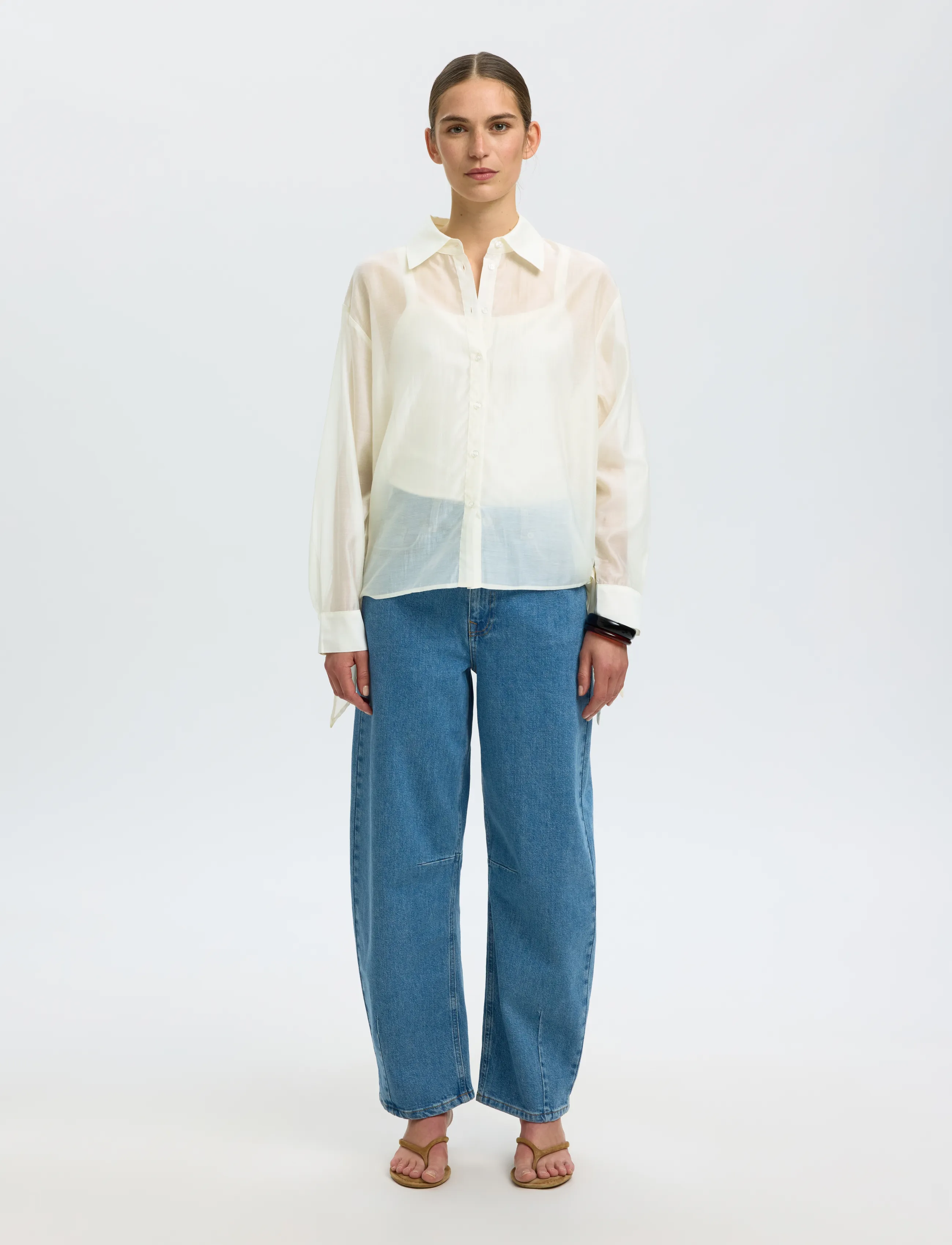 Selected - SLFIRIS RELAXED LS TIE DETAIL SHIRT B - langärmlige hemden - egret - 3