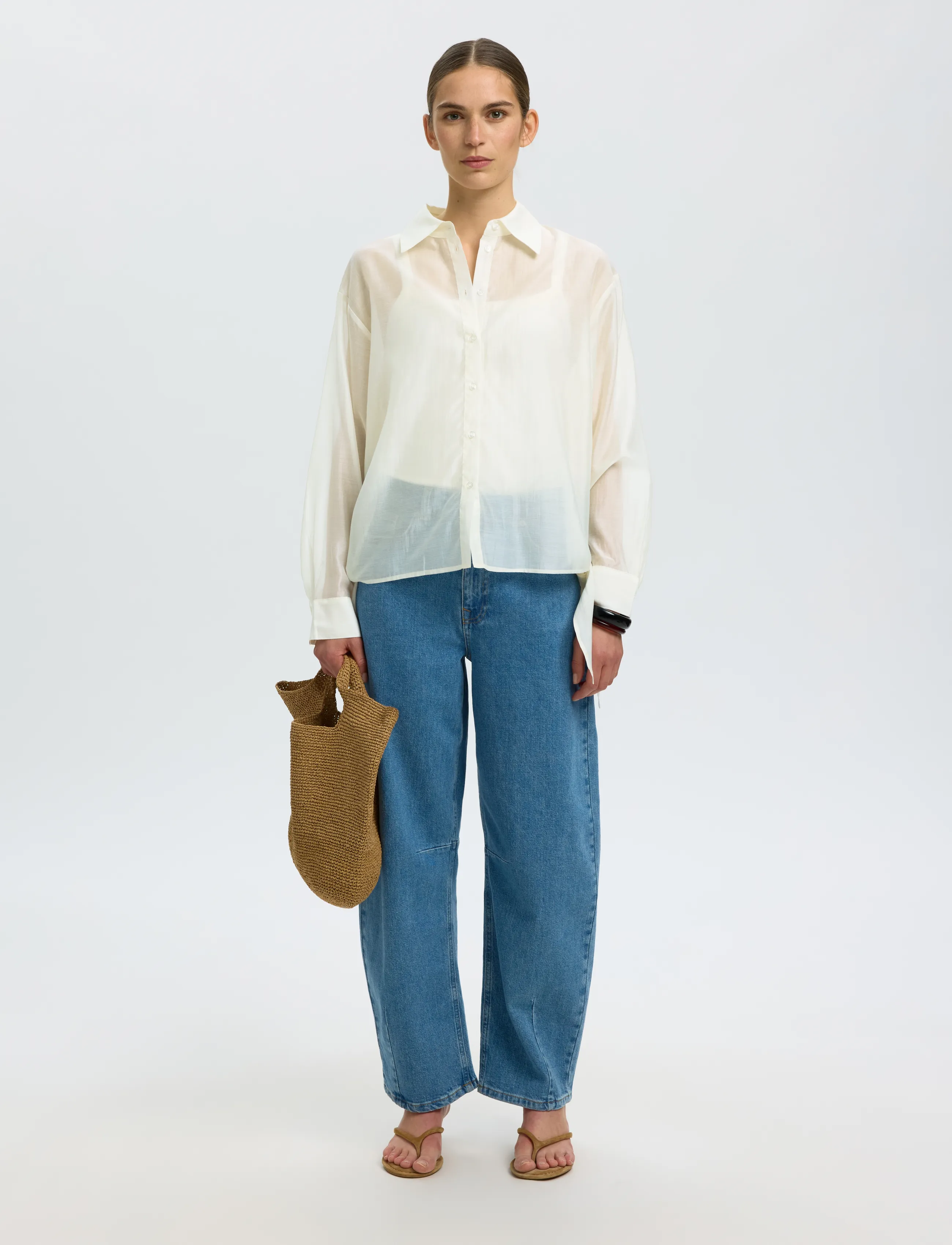 Selected - SLFIRIS RELAXED LS TIE DETAIL SHIRT B - langärmlige hemden - egret - 5