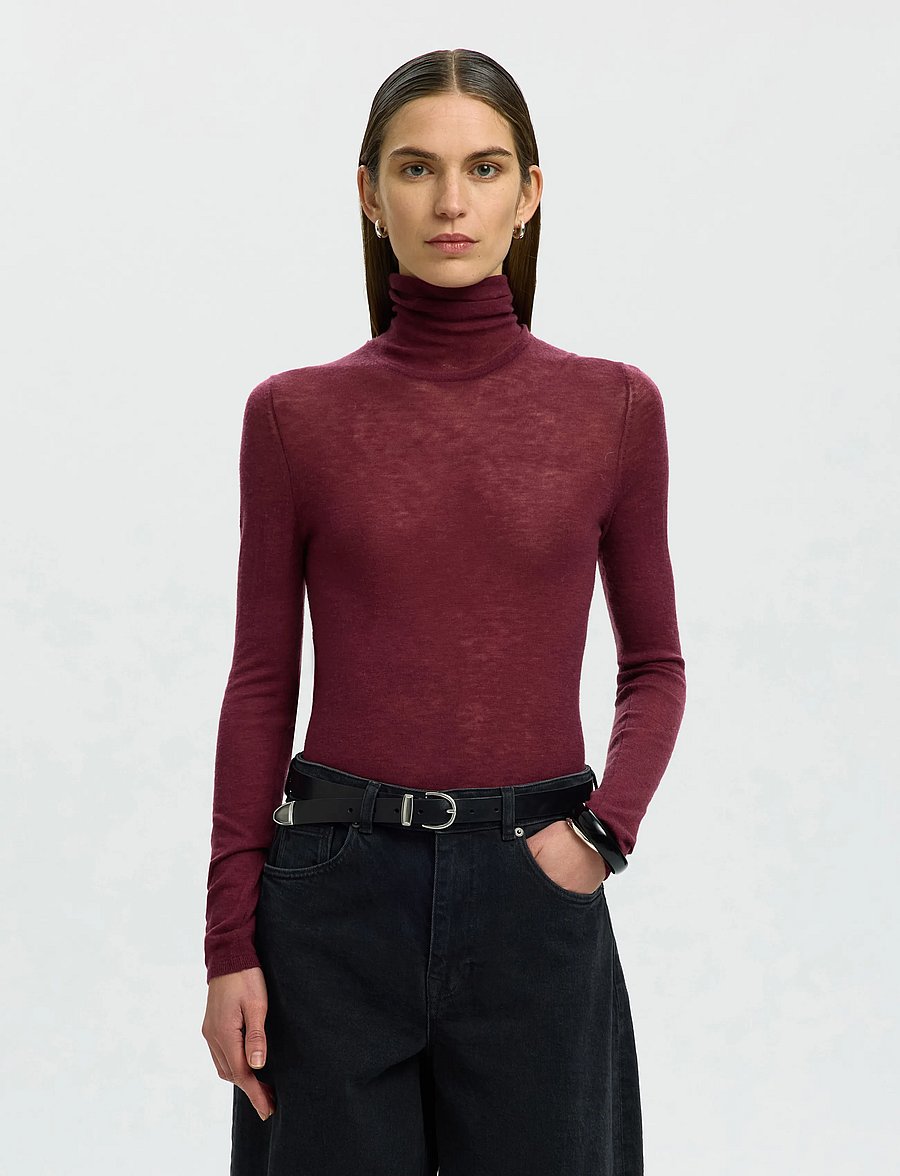 Selected - SLWVENDY WOOL LS KNIT ROLL NECK NOOS - striktrøjer - tawny port - 0