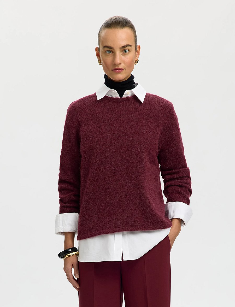 Selected - SLWLULU NEW LS KNIT O-NECK NOOS - striktrøjer - tawny port - 0