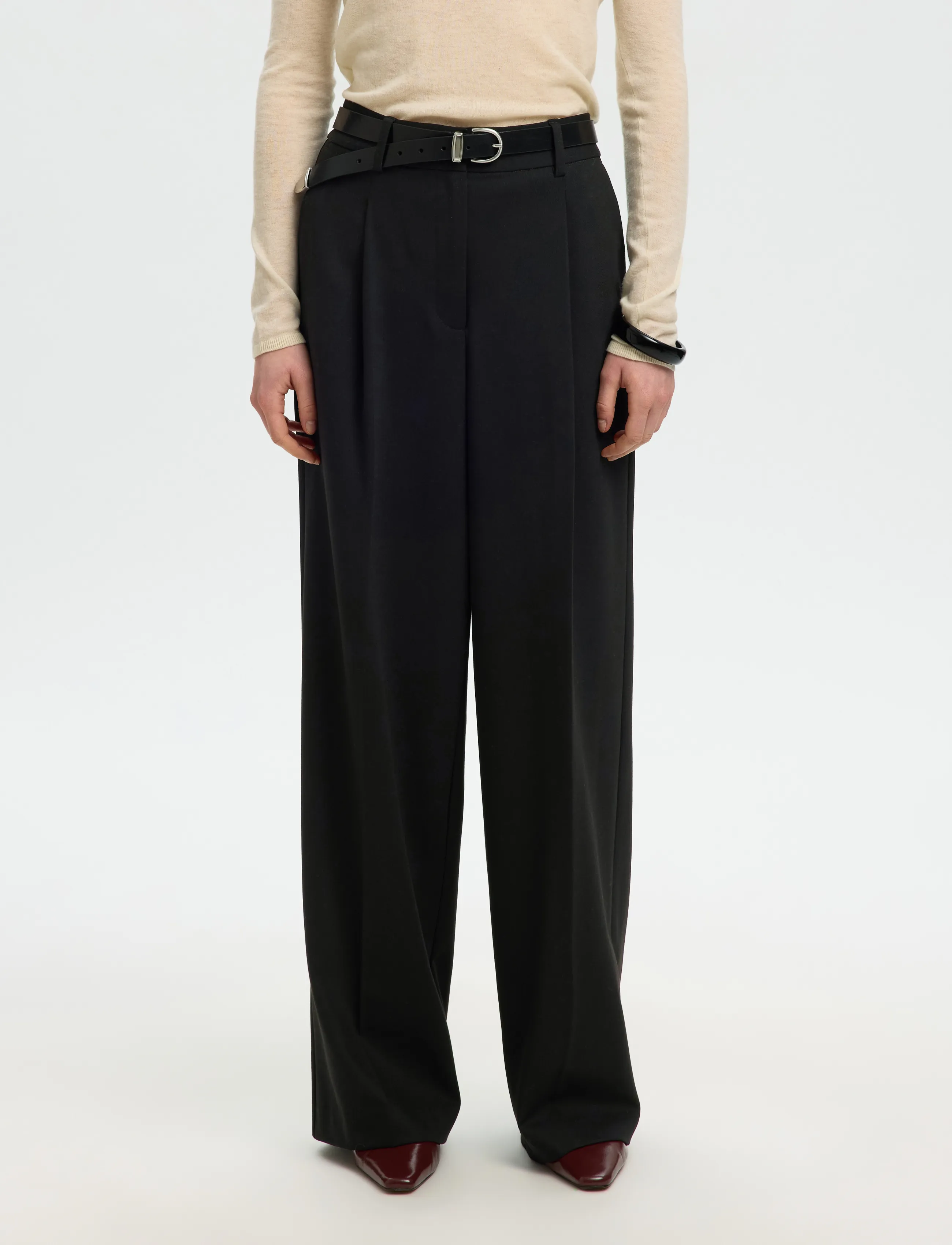 Selected SLWWIDE MARA WOOL BLEND HW PANT NOOS - Tailored trousers - BLACK / black