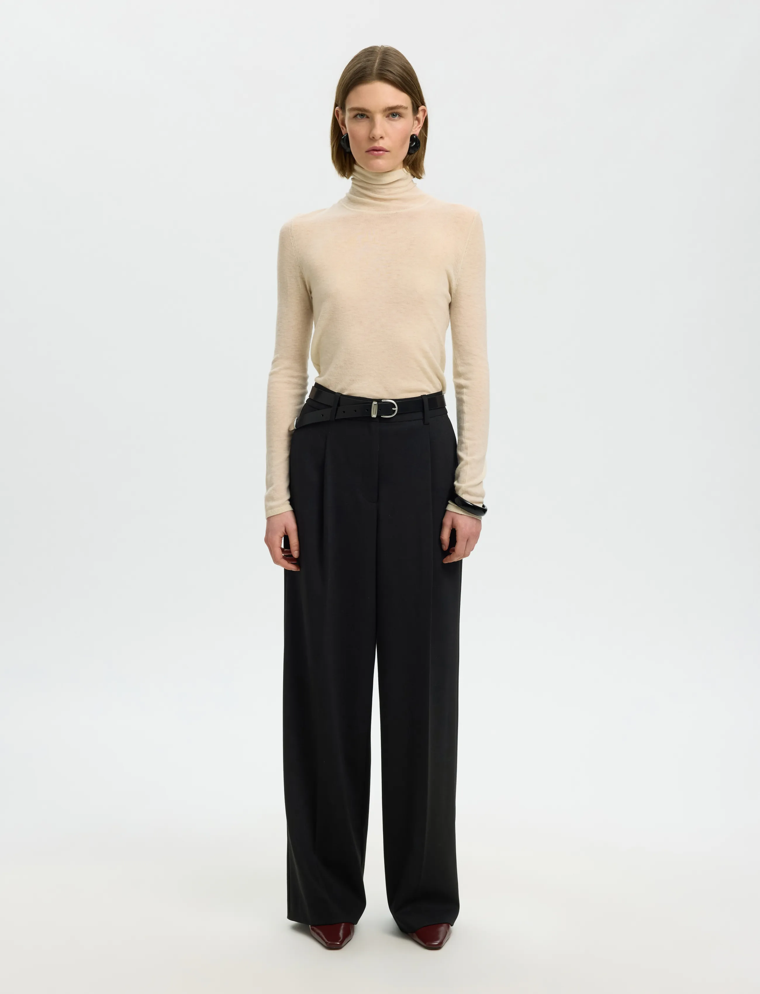 Selected - SLWWIDE MARA WOOL BLEND HW PANT NOOS - tailored trousers - black - 3