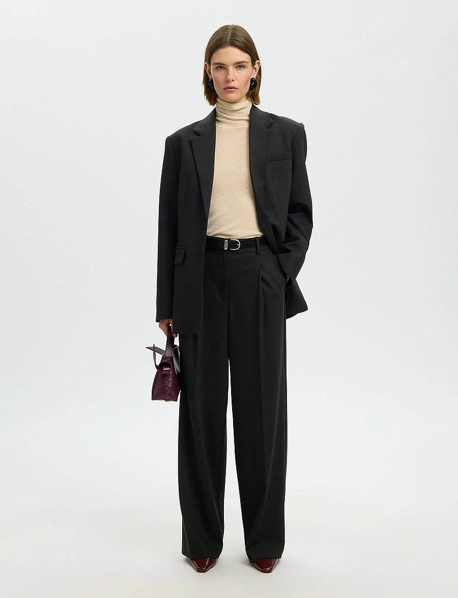 Selected - SLWWIDE MARA WOOL BLEND HW PANT NOOS - anzugshosen - black - 5