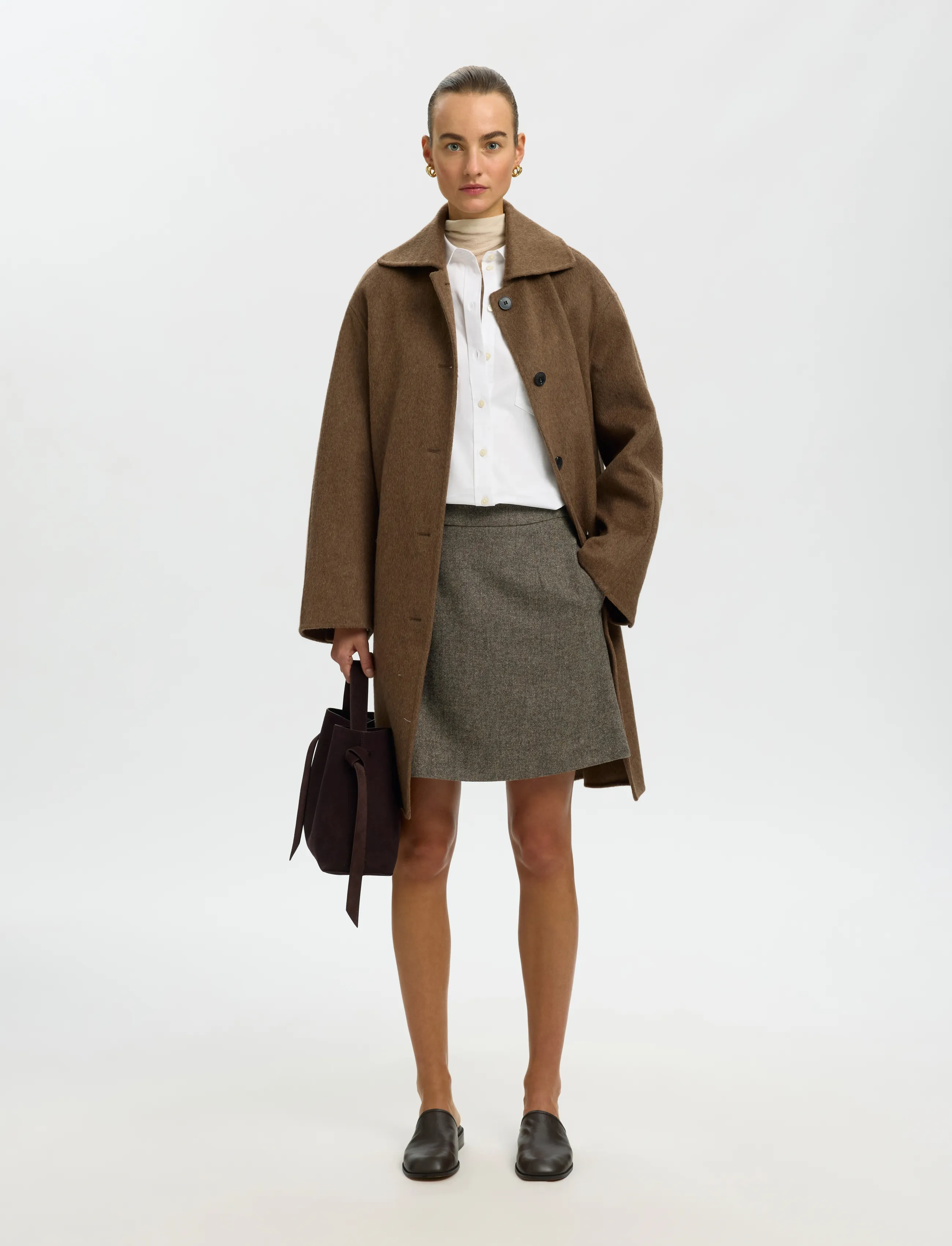 Selected - SLWREEDA WOOL BLEND HW SHORT SKIRT NOOS - korte nederdele - brownie - 5
