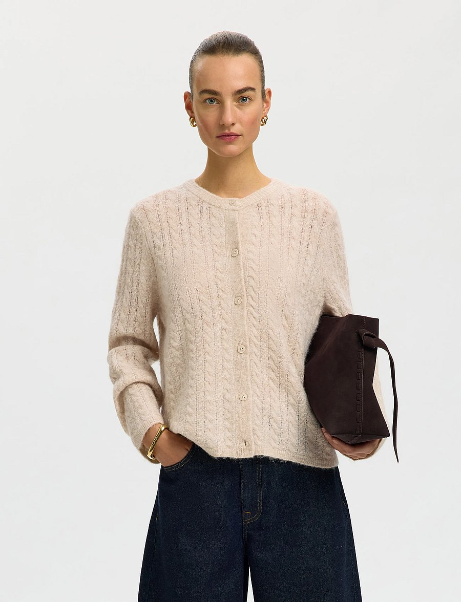 Selected - SLWLULU NEW LS KNIT CABLE CARDIGAN NOOS - strickjacken - birch - 0