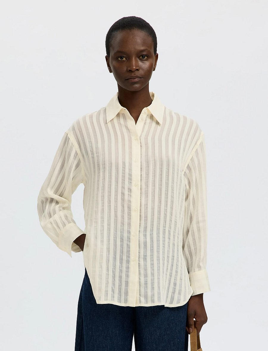 Selected - SLFTORAN OVERSIZED LS STRIPED SHIRT B - långärmade skjortor - egret - 0