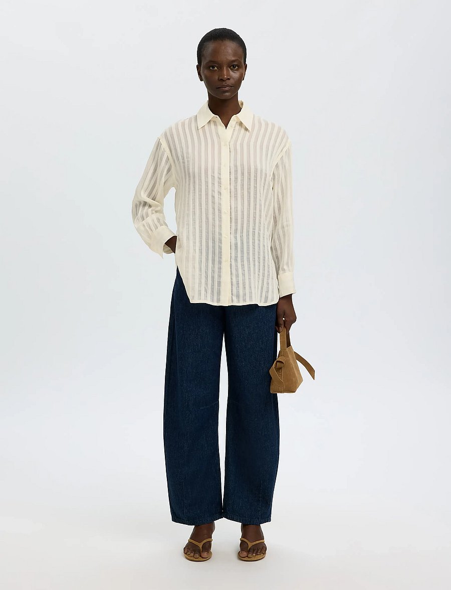 Selected - SLFTORAN OVERSIZED LS STRIPED SHIRT B - långärmade skjortor - egret - 3