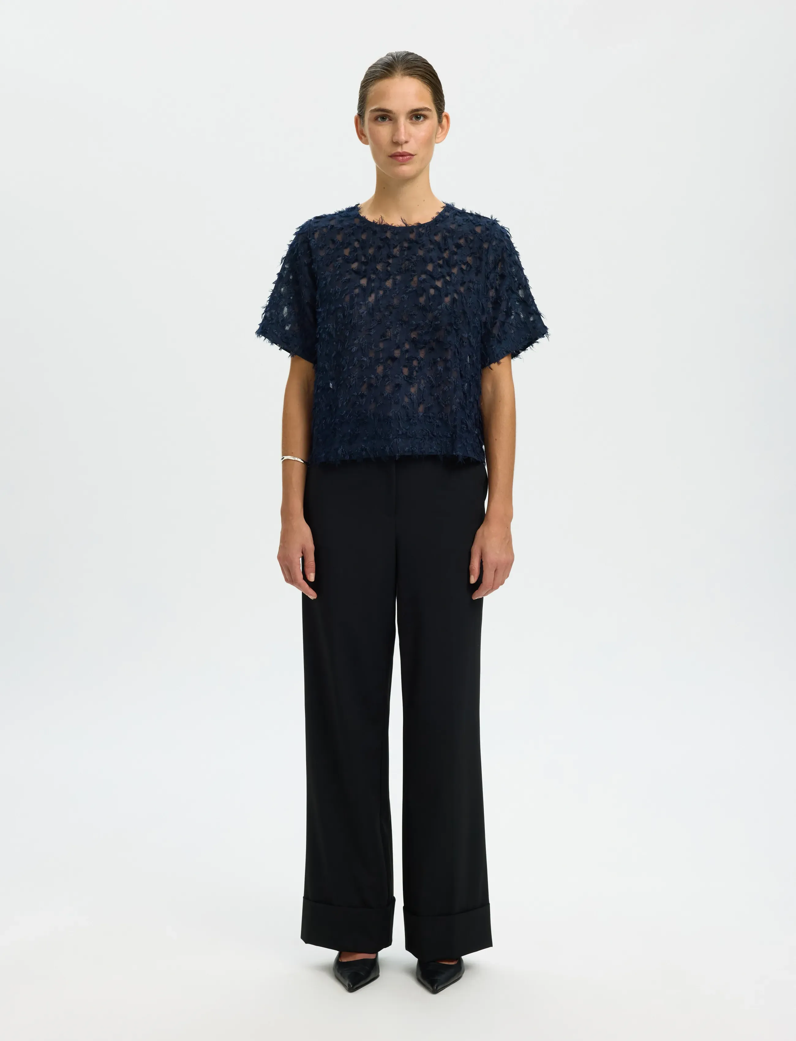 Selected - SLFMARION SS O-NECK TOP EX - stutterma blússur - dark sapphire - 5