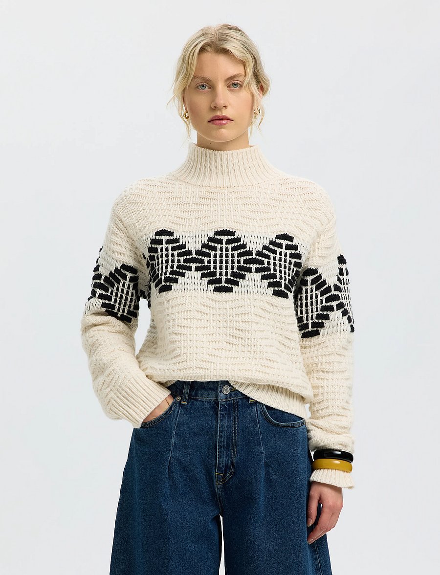 Selected - SLWLILI LS KNIT HIGH NECK - stickade tröjor - egret - 0