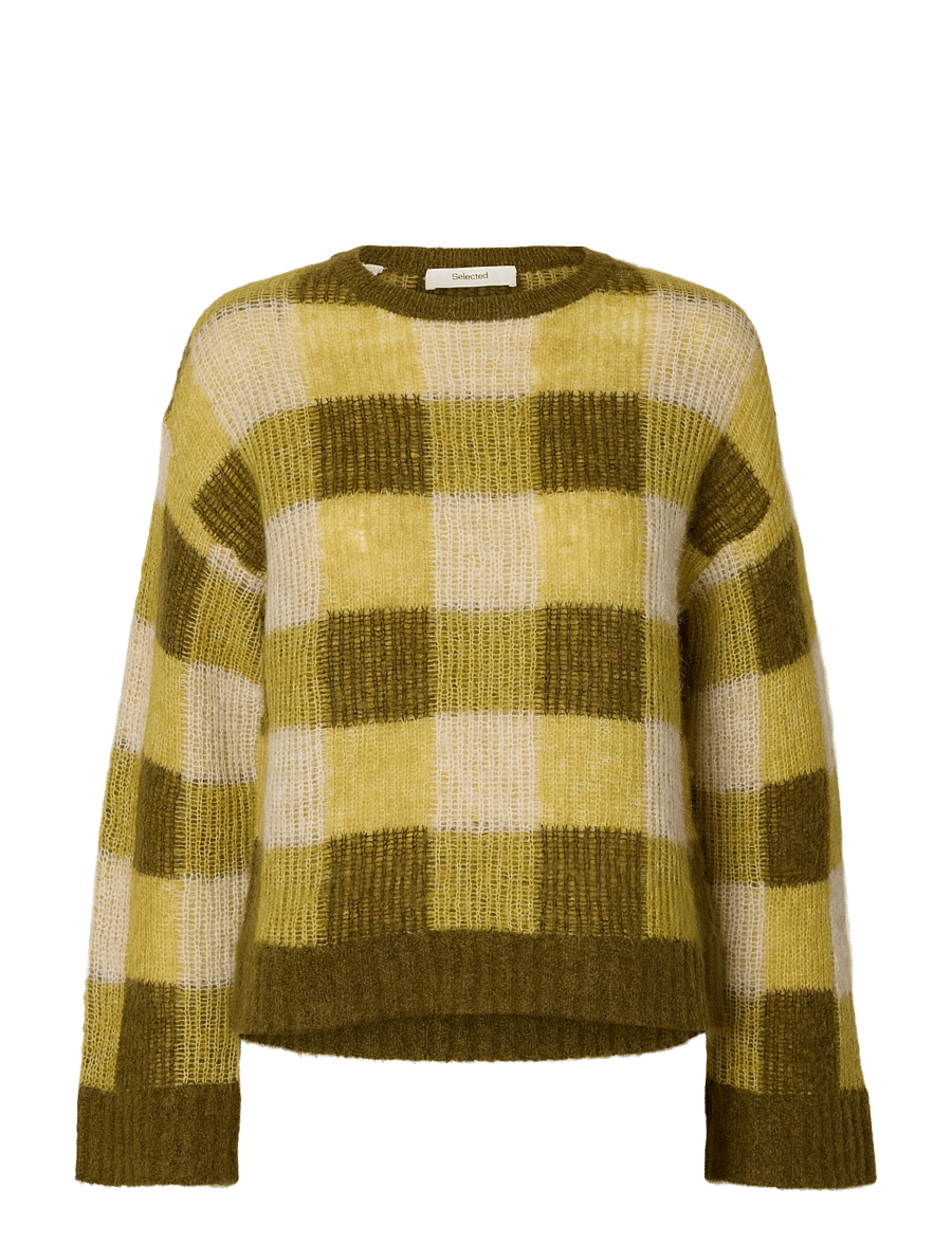 Selected - SLWLULU LOOSE LS CHECK KNIT O-NECK - pullover - avocado oil - 1