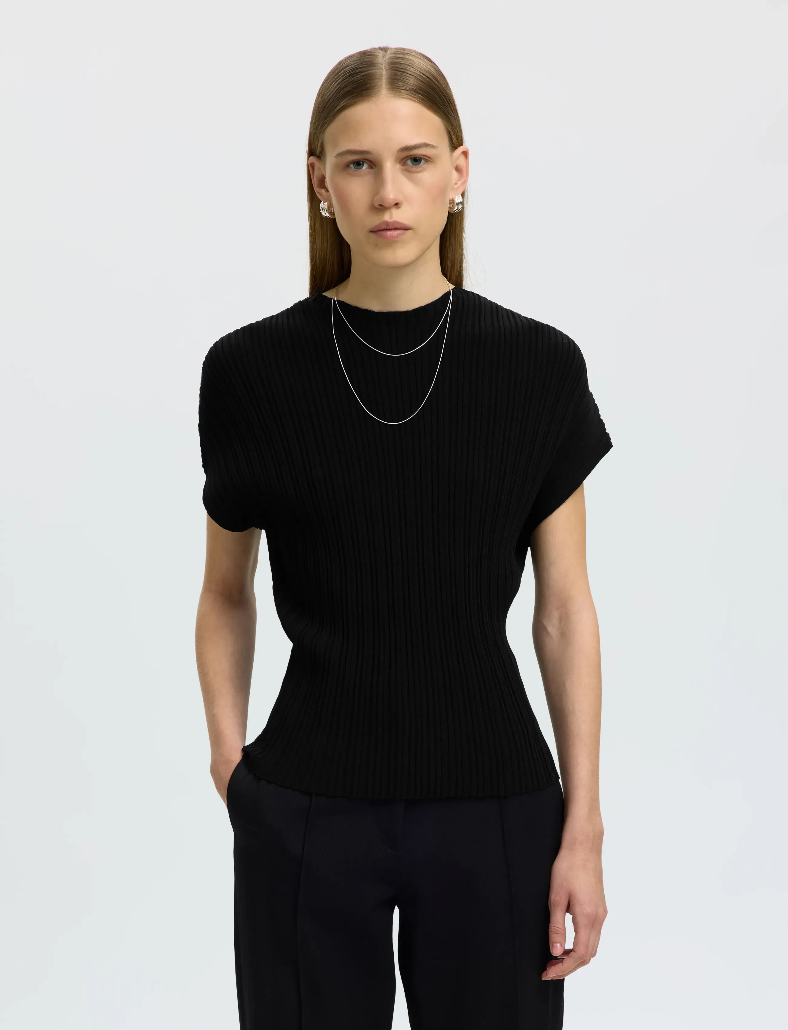 Selected SLWCARLY 2/4 STRUCTURE O-NECK - Selected - BLACK / black