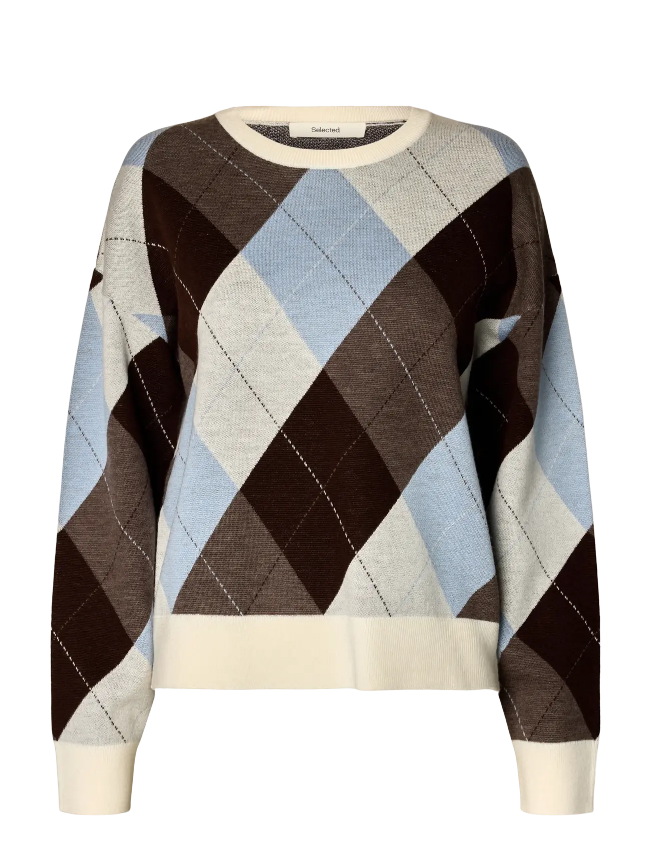 Selected SLWTHEA LS KNIT ARGYLE O-NECK - Džemperi - EGRET / multi