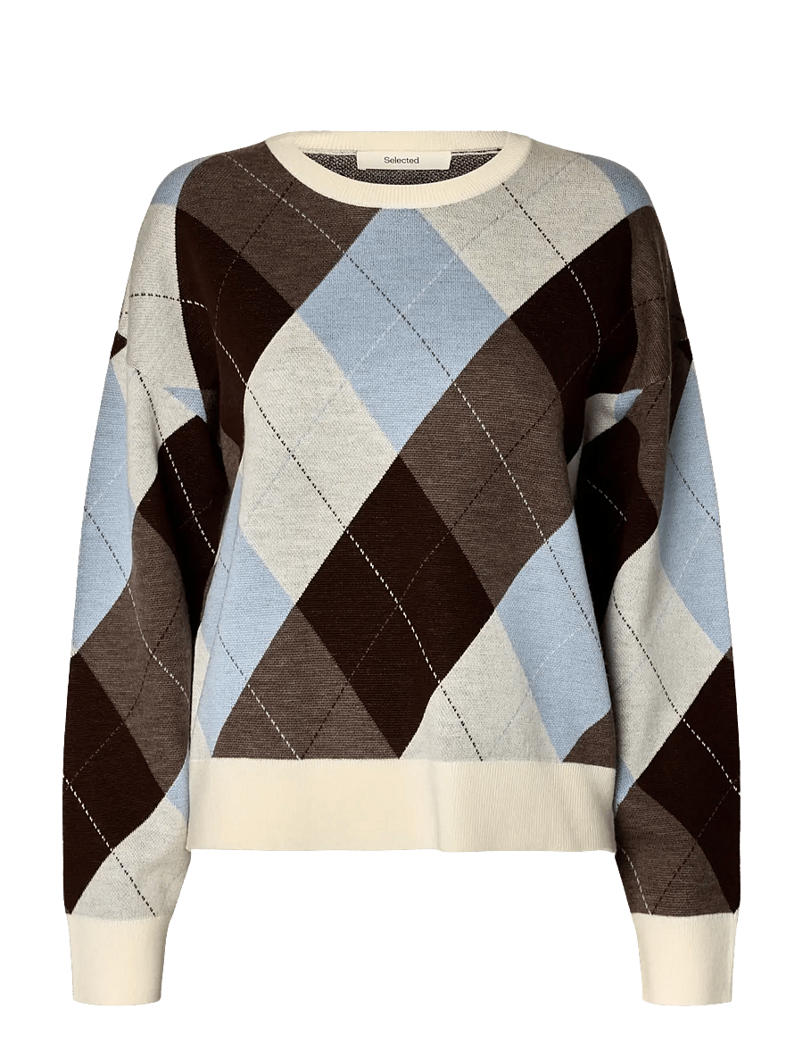 Selected - SLWTHEA LS KNIT ARGYLE O-NECK - pullover - egret - 1