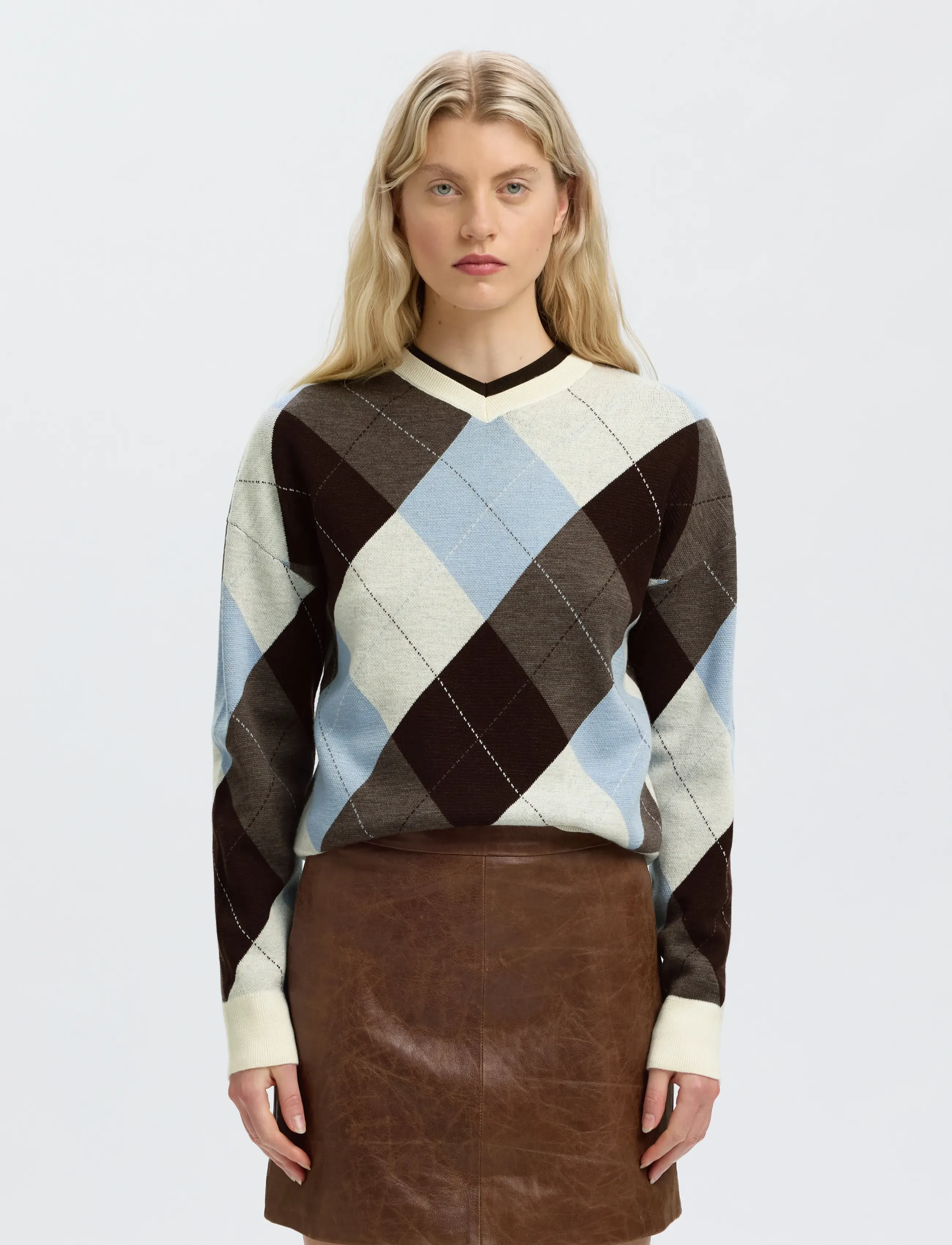 Selected - SLWTHEA LS KNIT ARGYLE O-NECK - jumpers - egret - 0