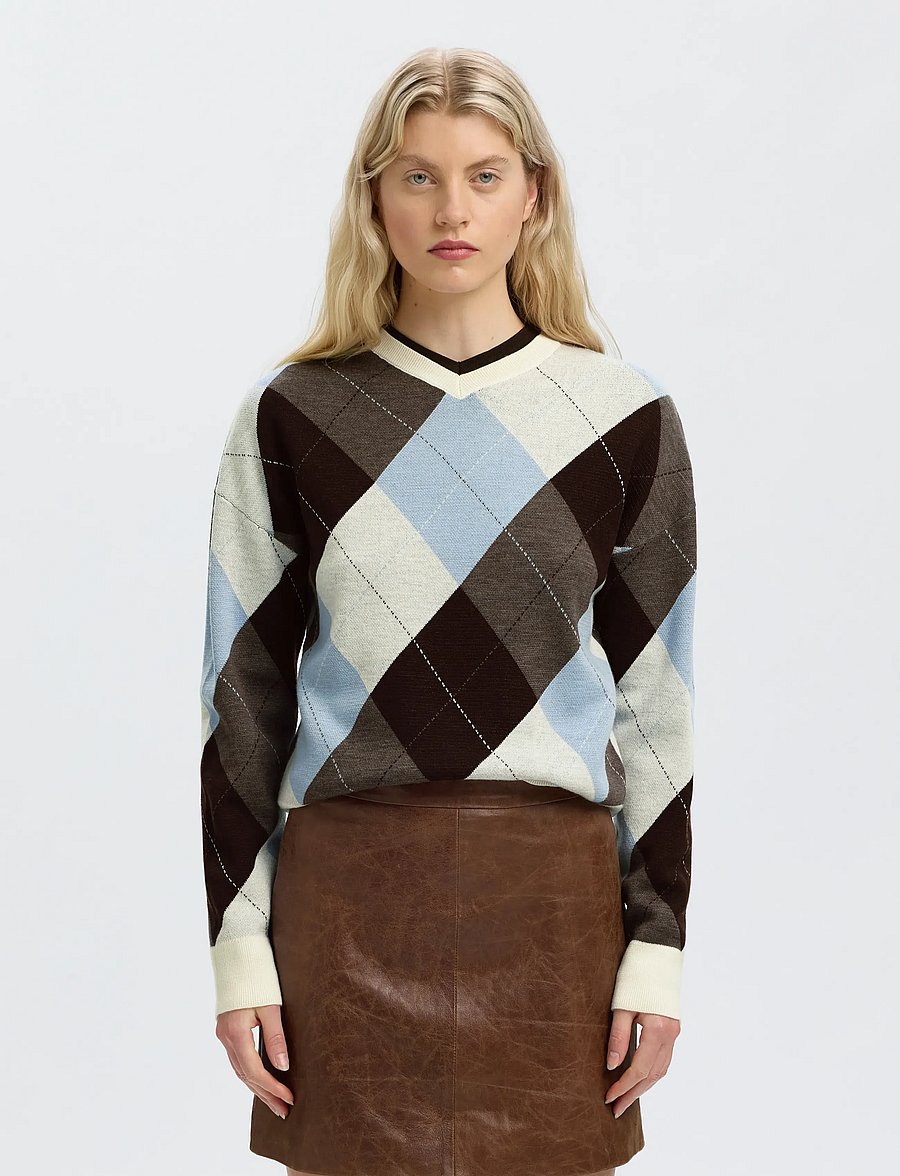 Selected - SLWTHEA LS KNIT ARGYLE O-NECK - pullover - egret - 0