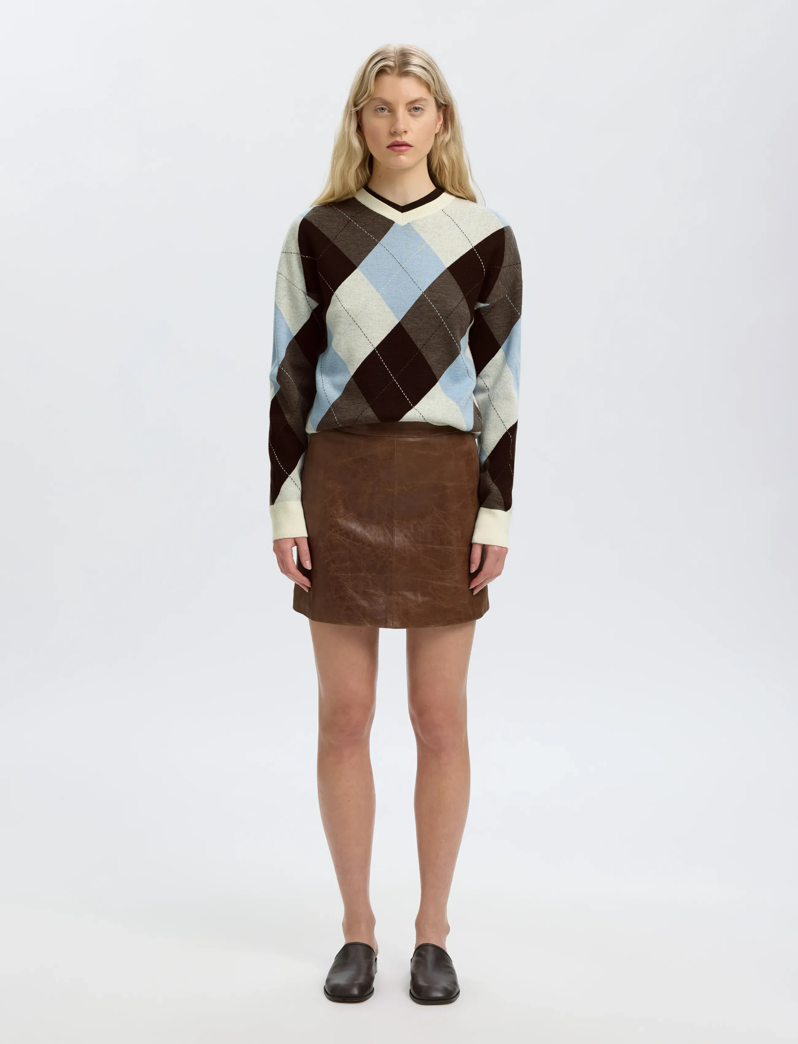 Selected - SLWTHEA LS KNIT ARGYLE O-NECK - jumpers - egret - 3