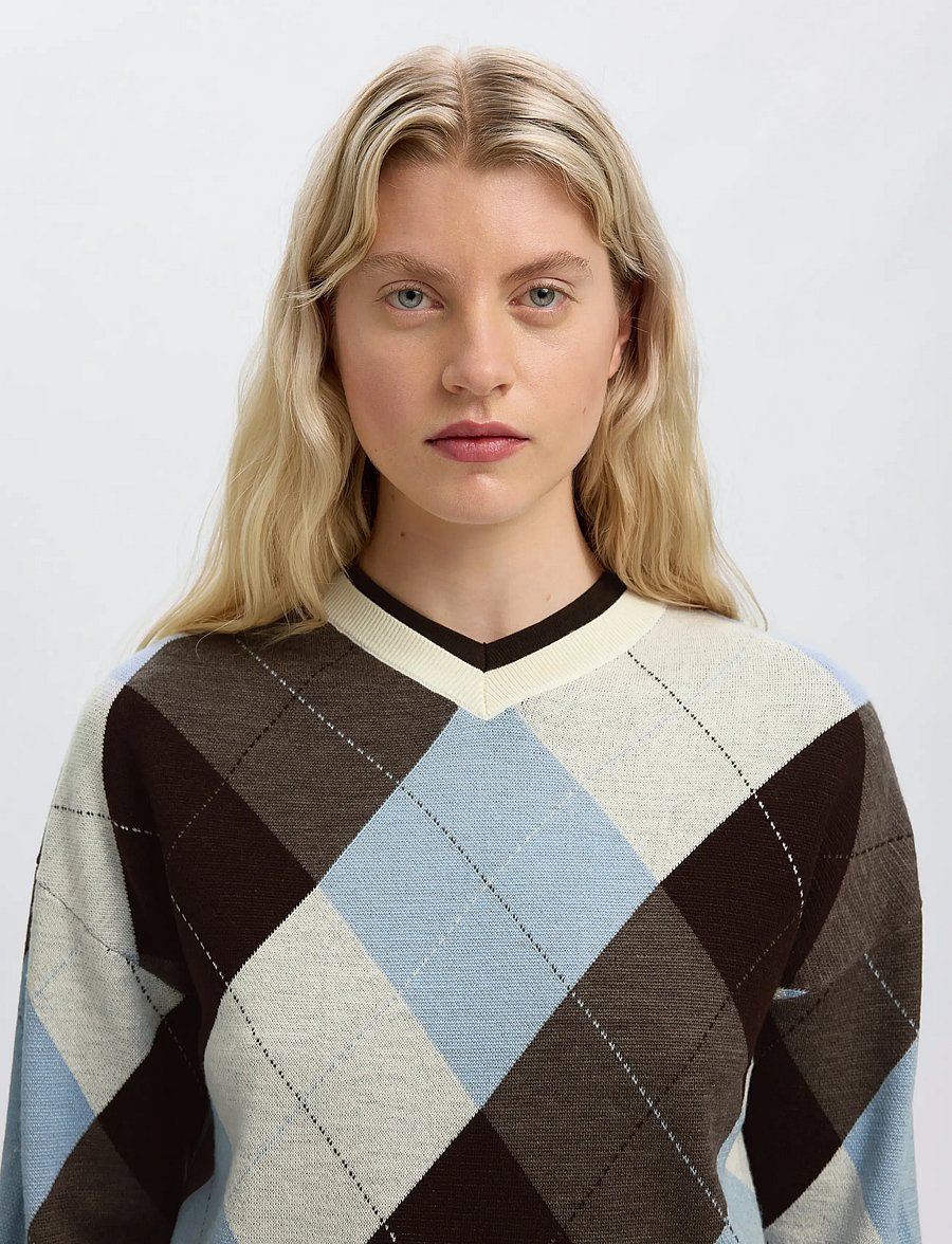 Selected - SLWTHEA LS KNIT ARGYLE O-NECK - pullover - egret - 4