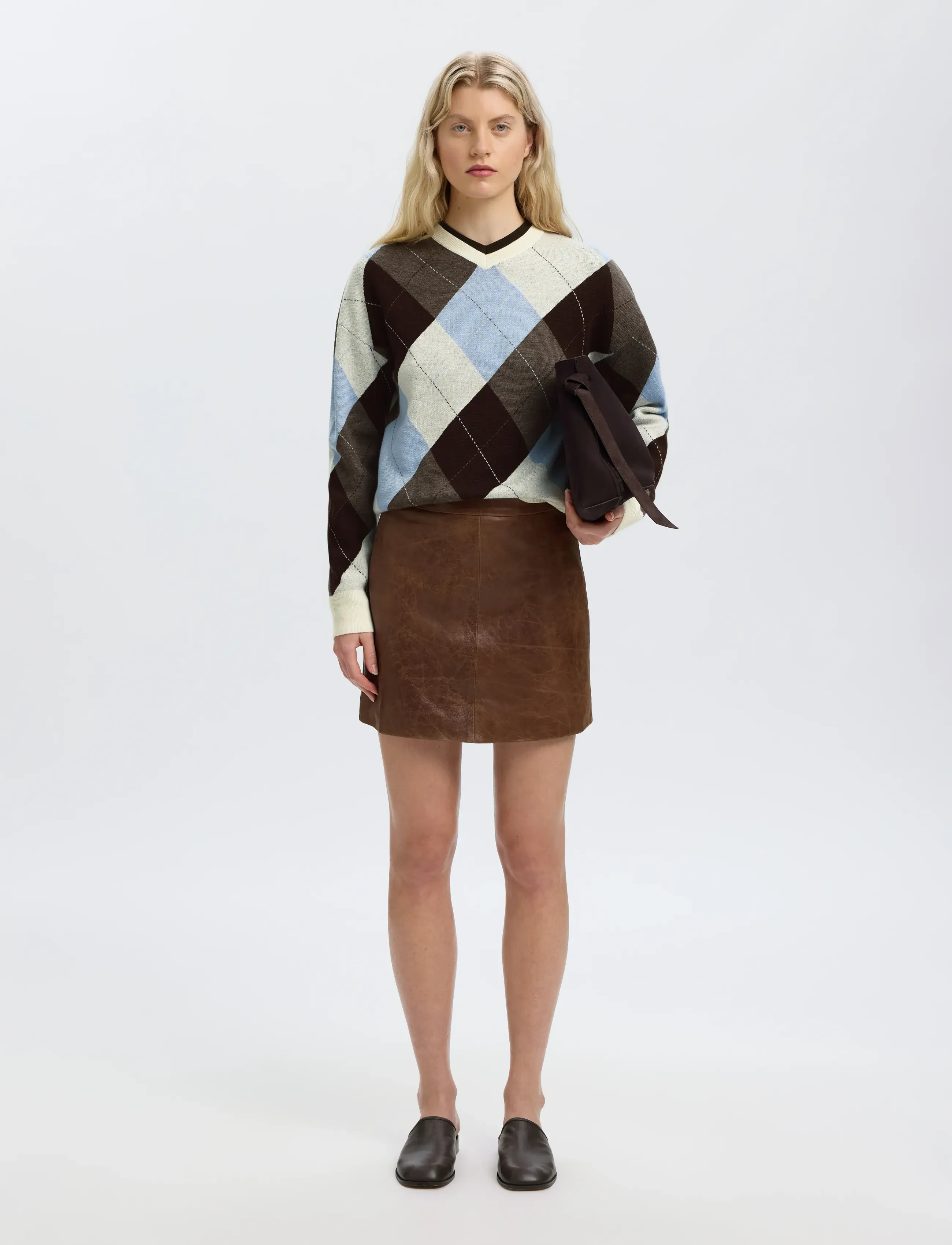 Selected - SLWTHEA LS KNIT ARGYLE O-NECK - jumpers - egret - 5