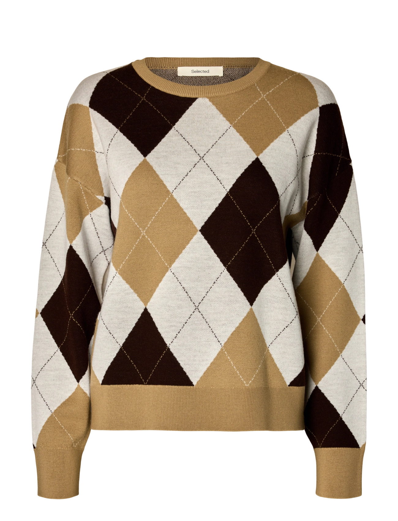 Selected SLWTHEA LS KNIT ARGYLE O-NECK - Knitwear - KELP / beige