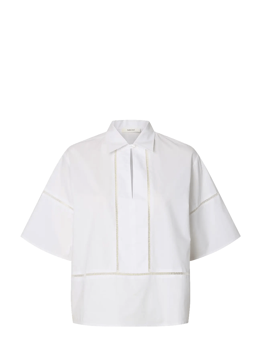Selected - SLFDELIA 2/4 BOXY LADDER STITCH TOP B - kurzärmelige blusen - bright white - 1
