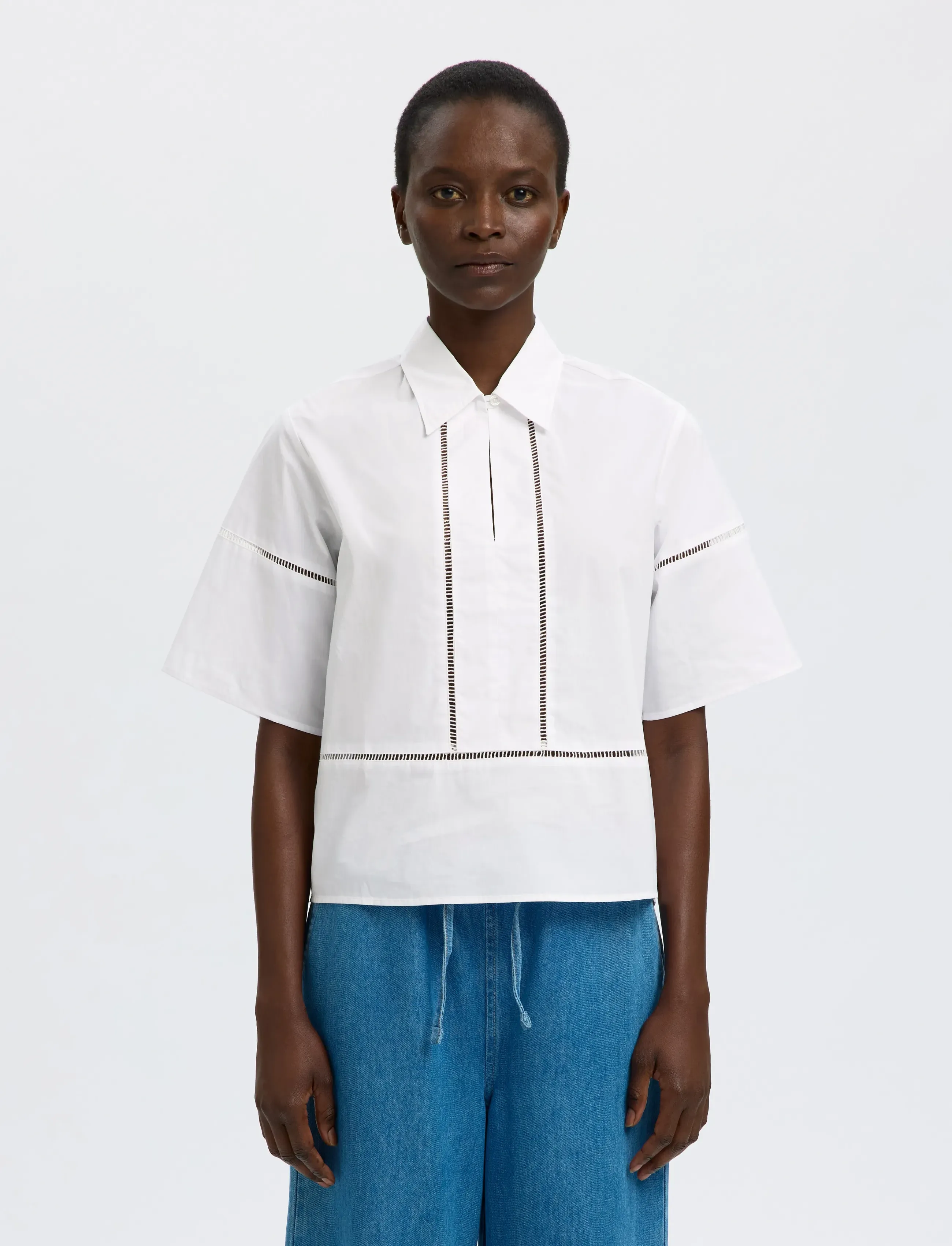 Selected SLFDELIA 2/4 BOXY LADDER STITCH TOP B - Blusen - BRIGHT WHITE / white