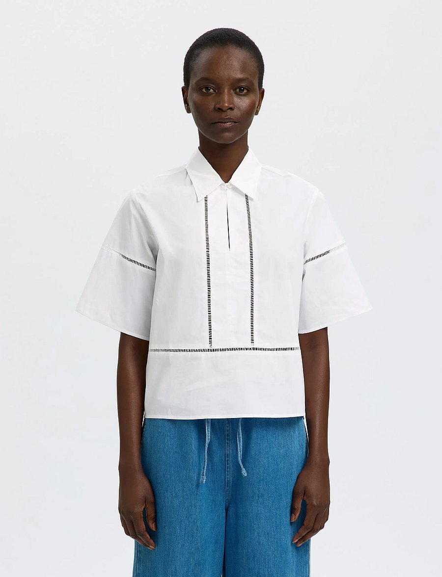 Selected - SLFDELIA 2/4 BOXY LADDER STITCH TOP B - kurzärmelige blusen - bright white - 0