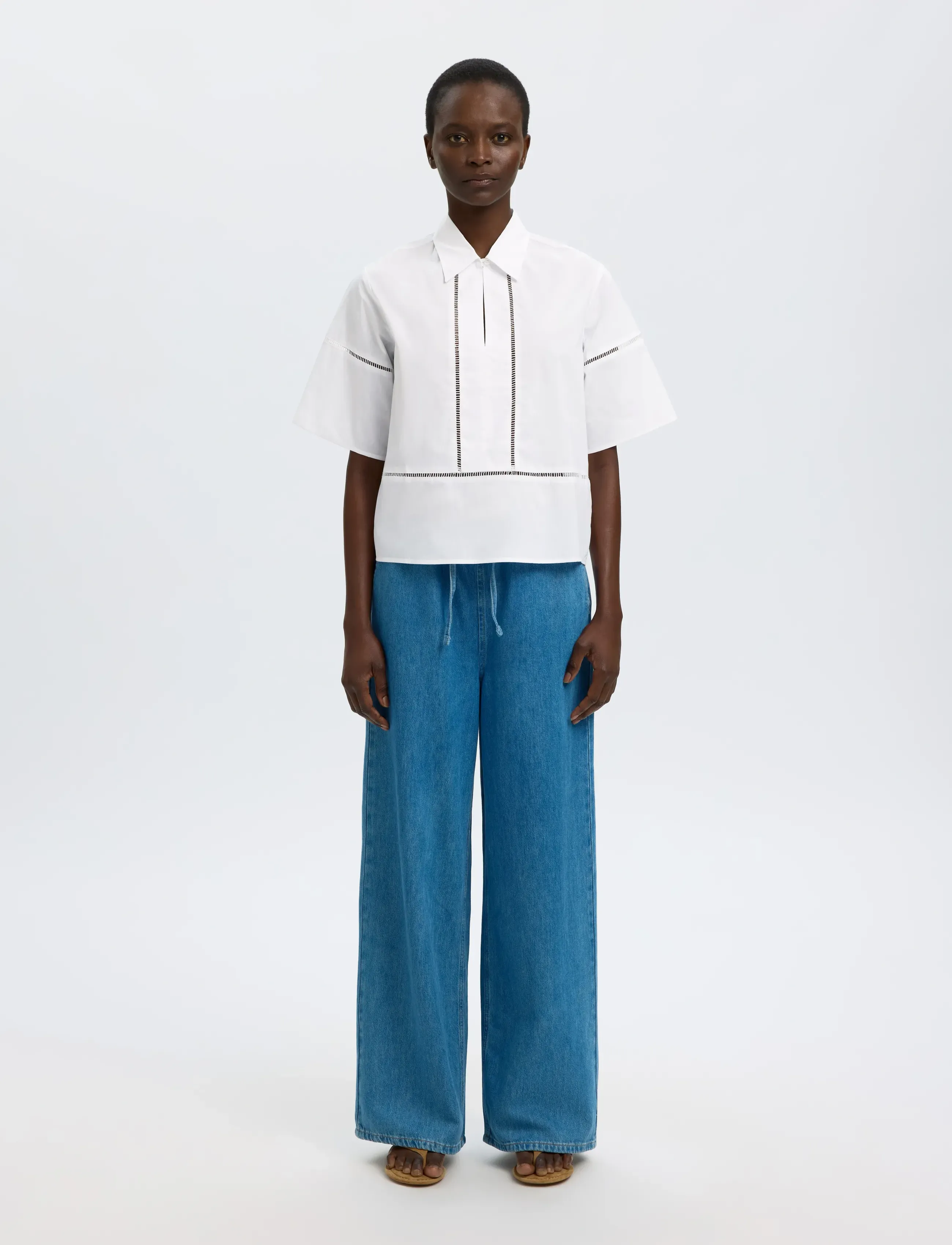 Selected - SLFDELIA 2/4 BOXY LADDER STITCH TOP B - kurzärmelige blusen - bright white - 3