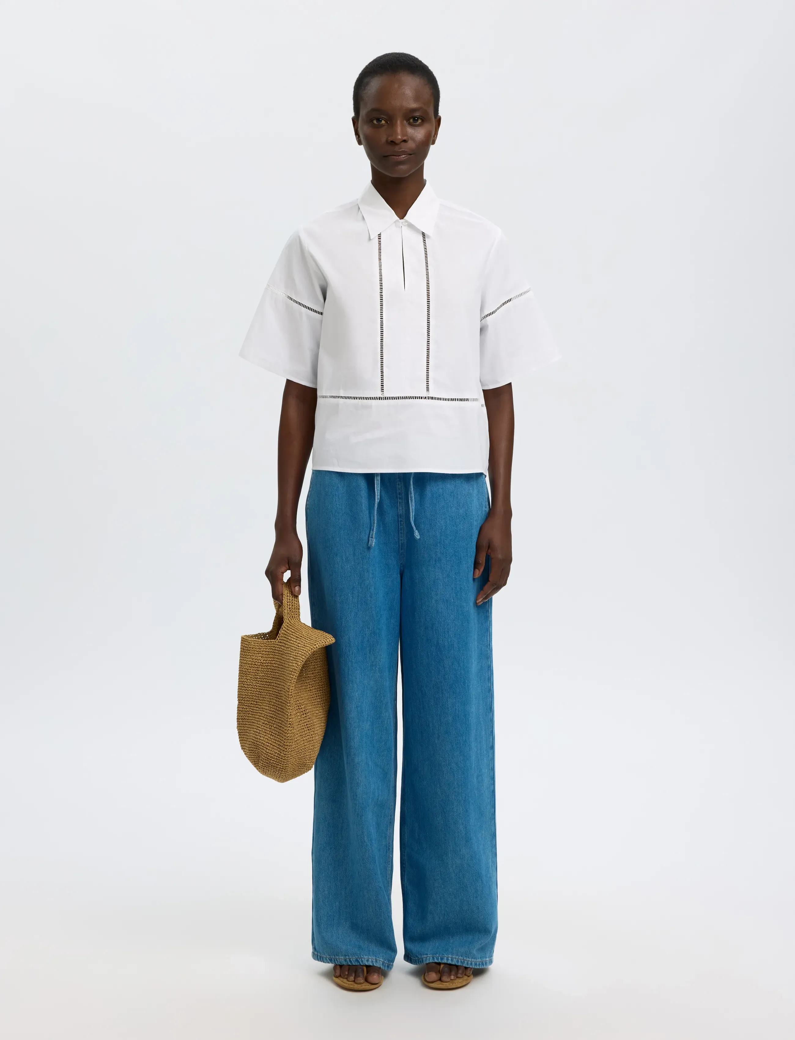 Selected - SLFDELIA 2/4 BOXY LADDER STITCH TOP B - kurzärmelige blusen - bright white - 5