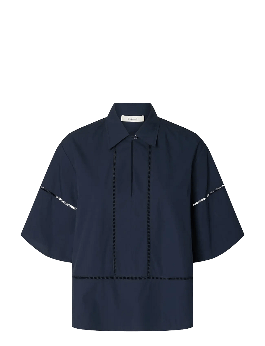 Selected - SLFDELIA 2/4 BOXY LADDER STITCH TOP B - kortærmede bluser - dark sapphire - 1