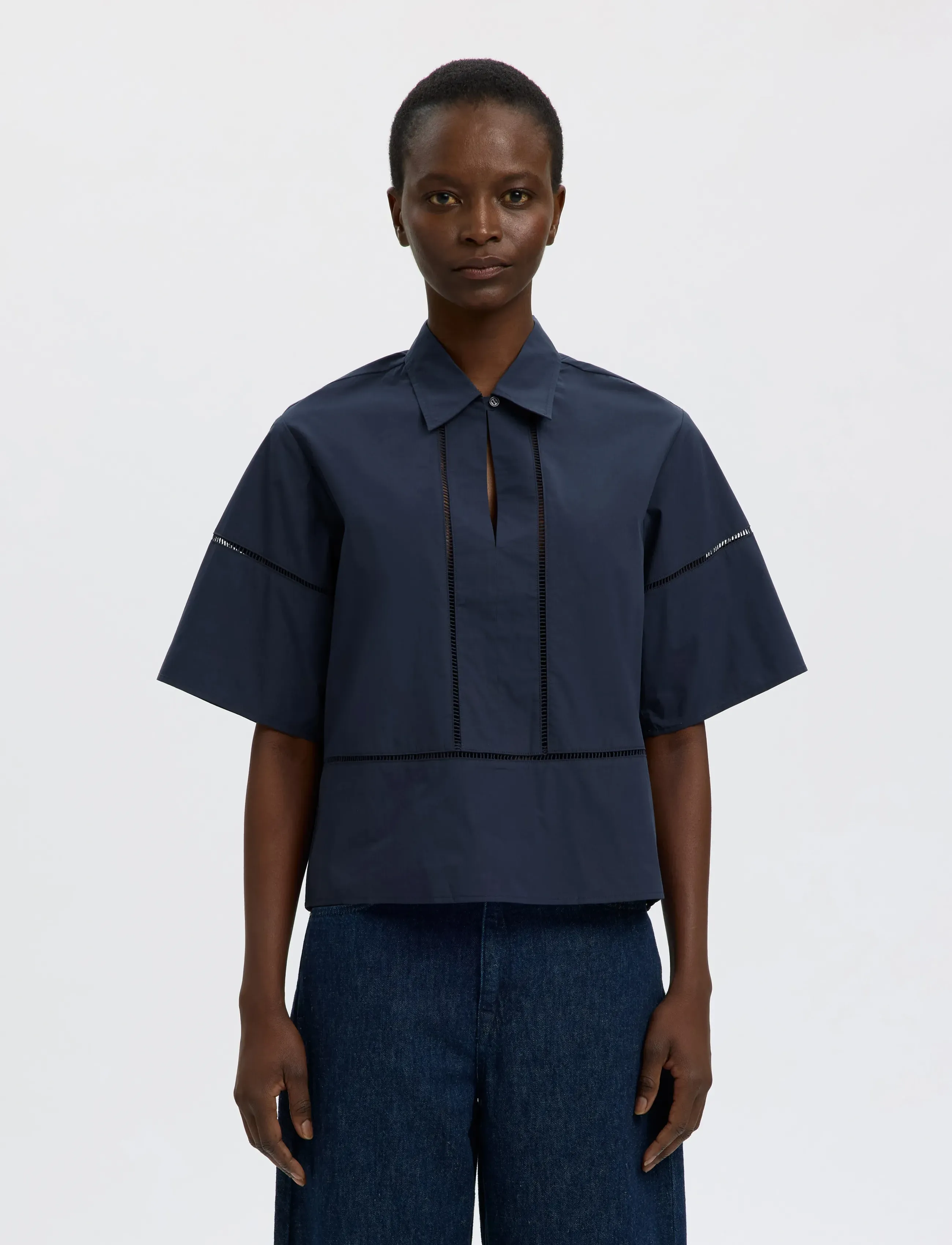 Selected Slfdelia 2/4 Boxy Ladder Stitch Top B, 38, Blouses, Marineblau - Short-sleeved, Frauen