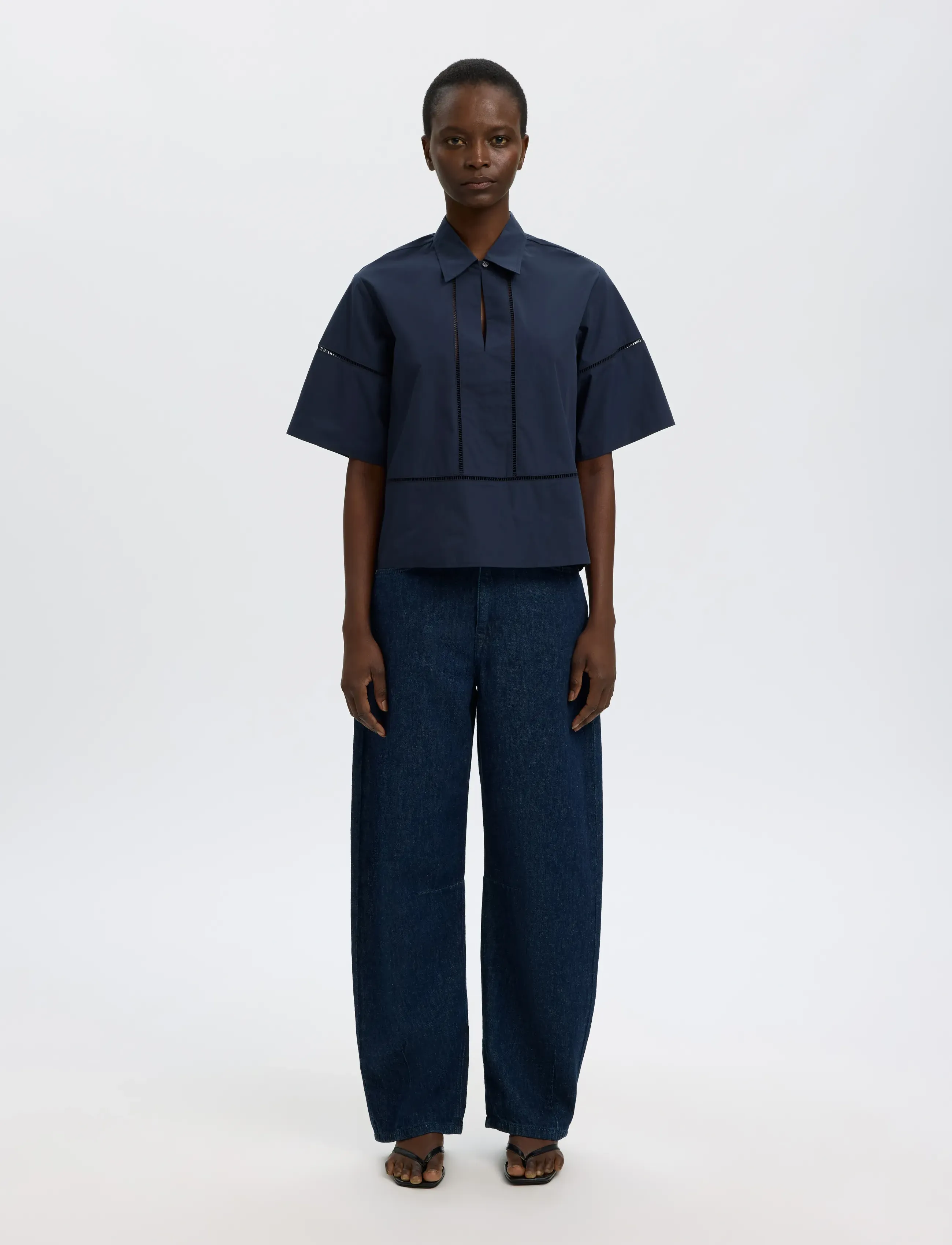 Selected - SLFDELIA 2/4 BOXY LADDER STITCH TOP B - kortærmede bluser - dark sapphire - 3