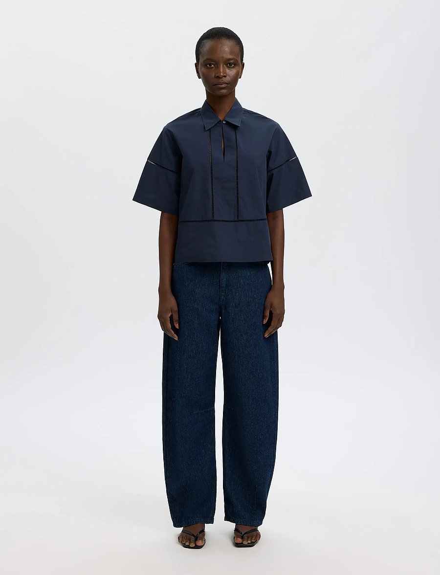 Selected - SLFDELIA 2/4 BOXY LADDER STITCH TOP B - kortærmede bluser - dark sapphire - 3