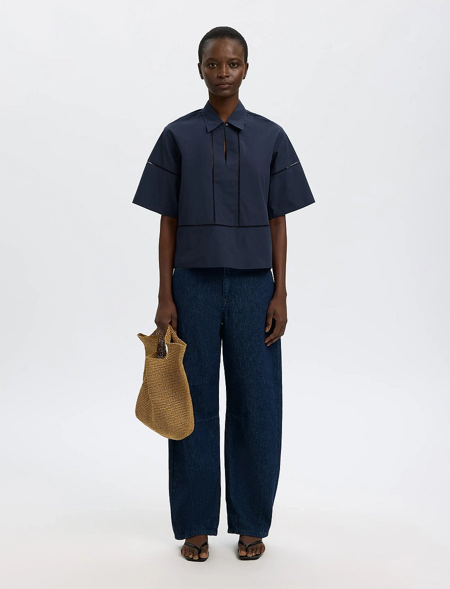Selected - SLFDELIA 2/4 BOXY LADDER STITCH TOP B - kortærmede bluser - dark sapphire - 5