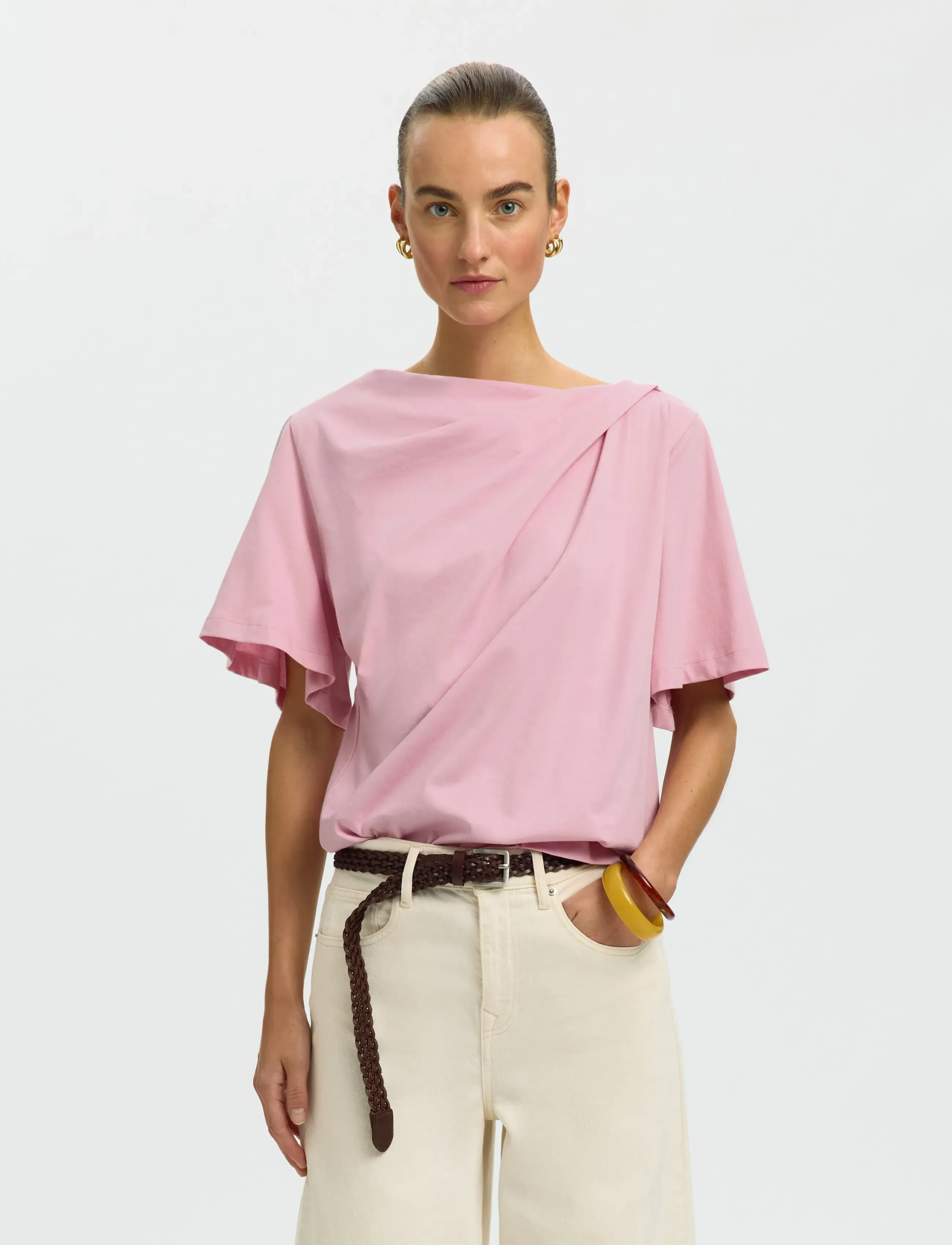 Selected SLFOLINE LIGHT SS DRAPED NECK TEE EX - T-Shirts & Tops - BLEACHED MAUVE / pink/rose