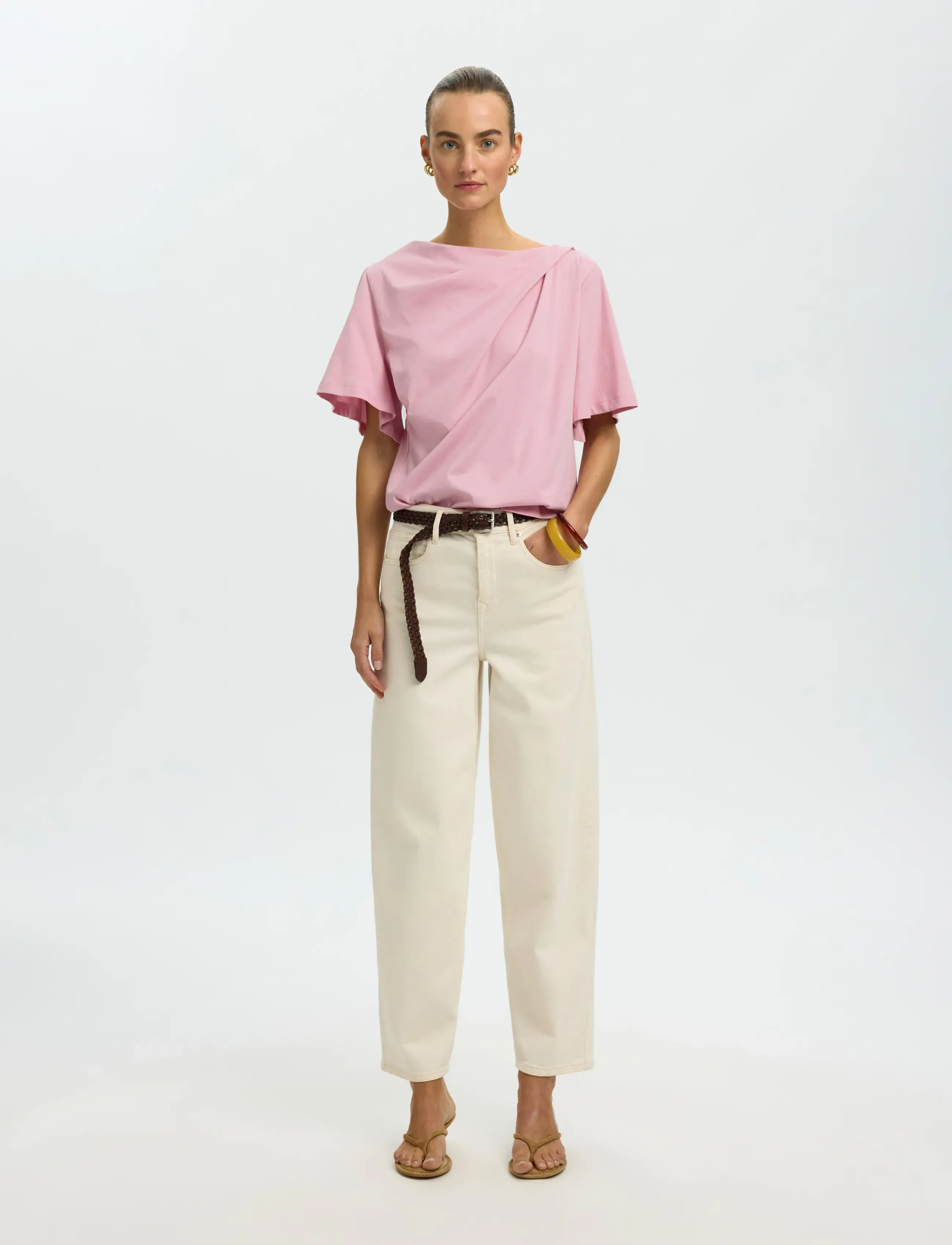 Selected - SLFOLINE LIGHT SS DRAPED NECK TEE EX - t-shirts - bleached mauve - 3