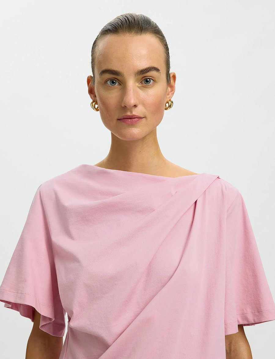 Selected - SLFOLINE LIGHT SS DRAPED NECK TEE EX - t-shirts - bleached mauve - 4