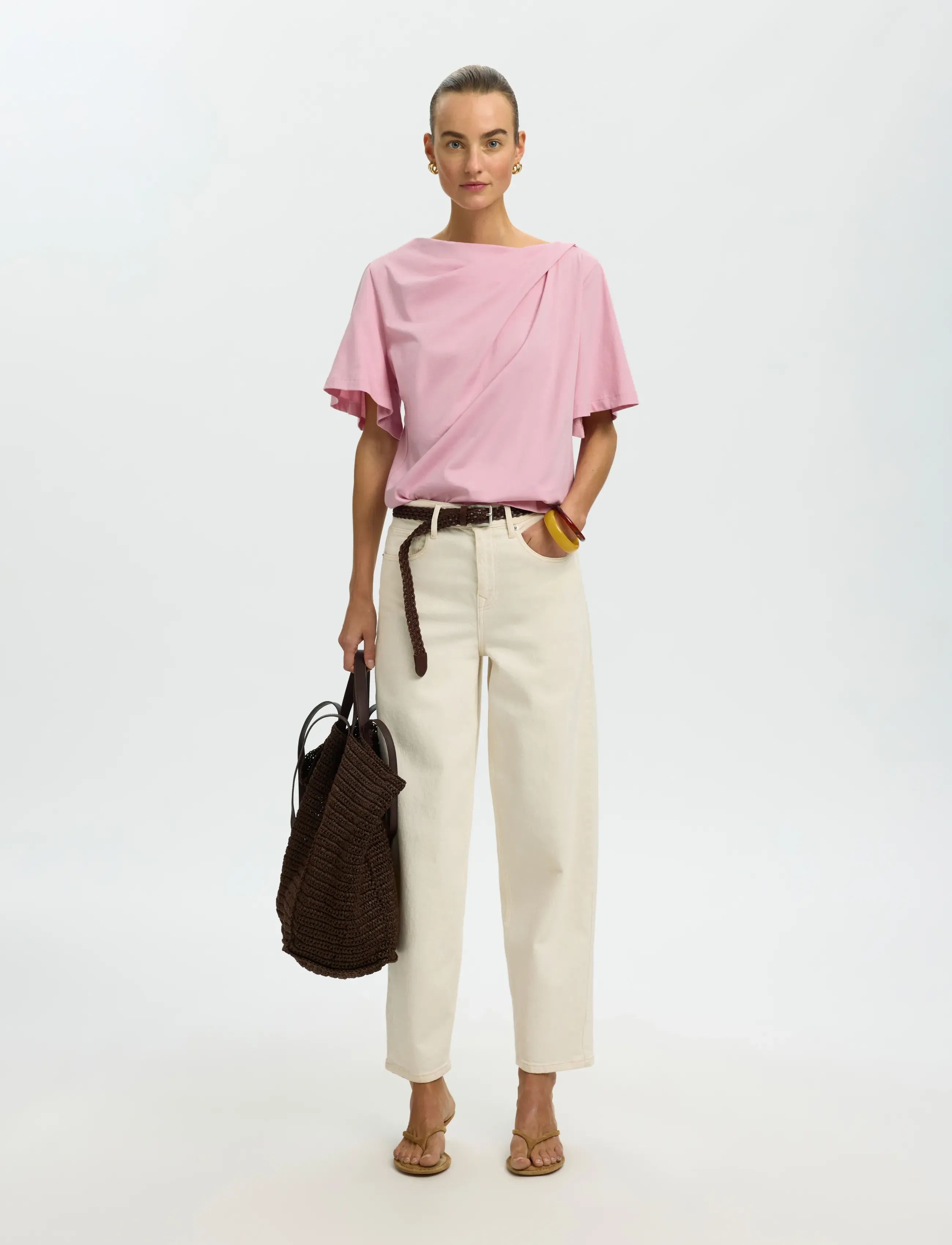 Selected - SLFOLINE LIGHT SS DRAPED NECK TEE EX - t-shirts - bleached mauve - 5
