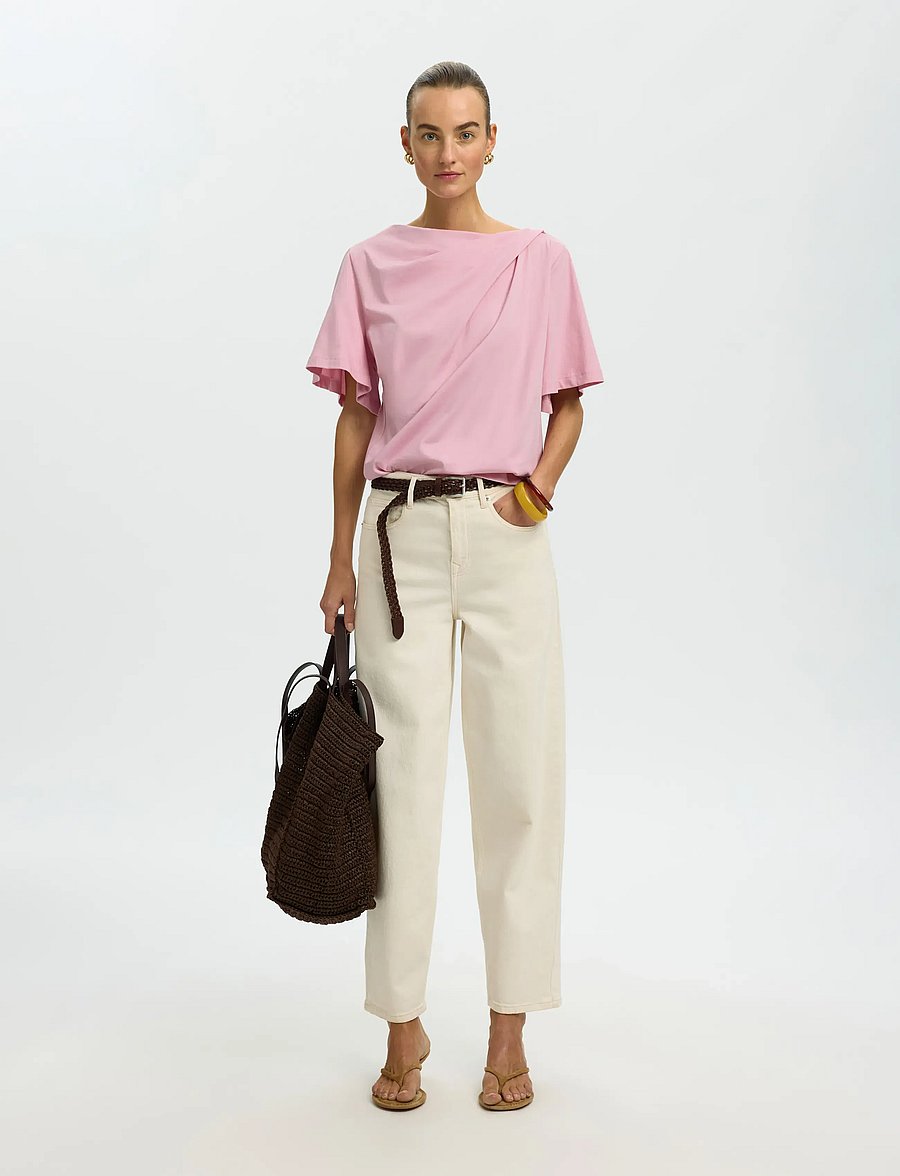 Selected - SLFOLINE LIGHT SS DRAPED NECK TEE EX - t-shirts - bleached mauve - 5