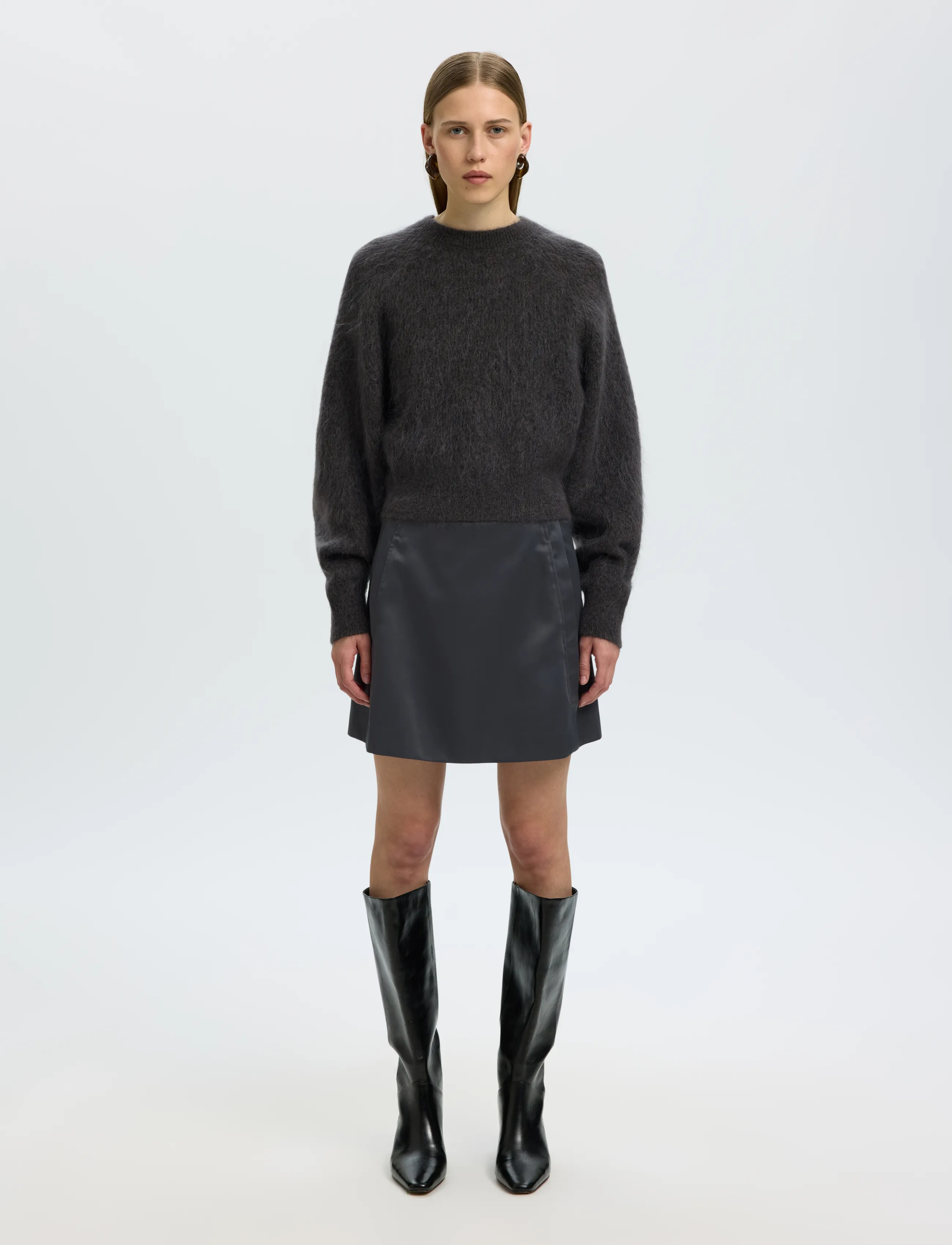 Selected - SLWMIRA LS KNIT SHORT O-NECK NOOS - striktrøjer - asphalt - 3