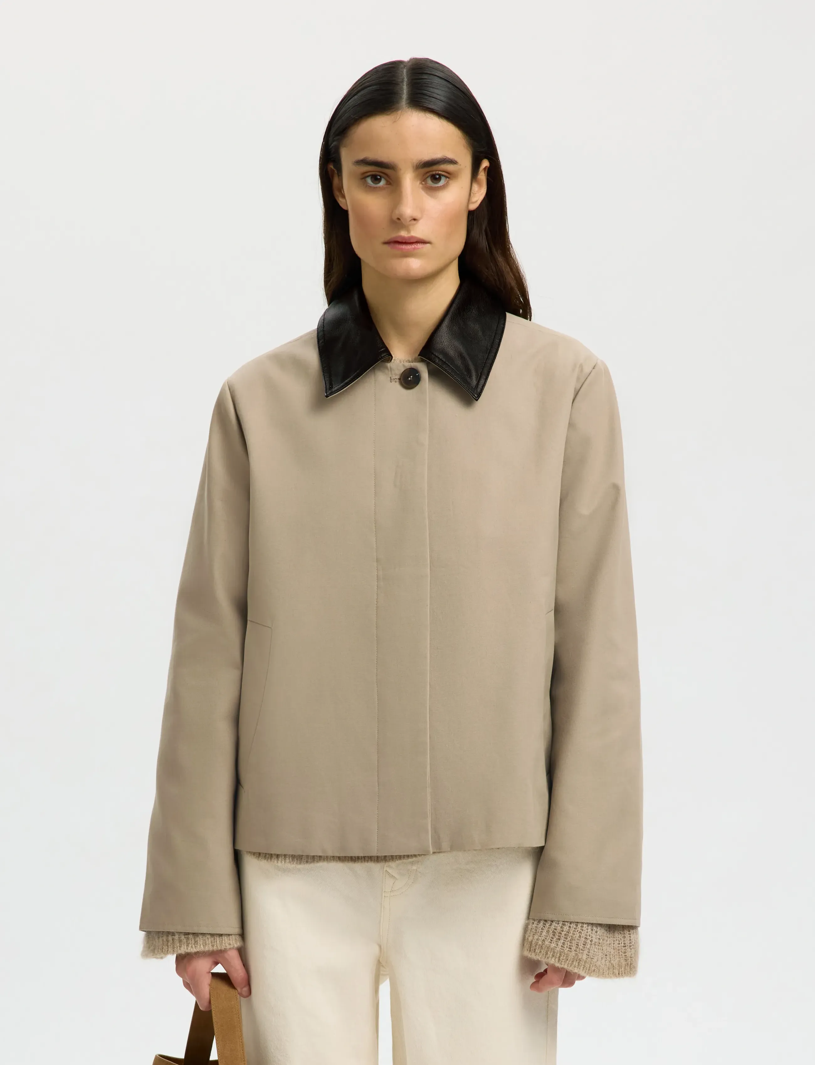Selected Slfdalia Jacket, Kvinder, Kort Jakke med Kontrastkrave, Beige, Str: 34