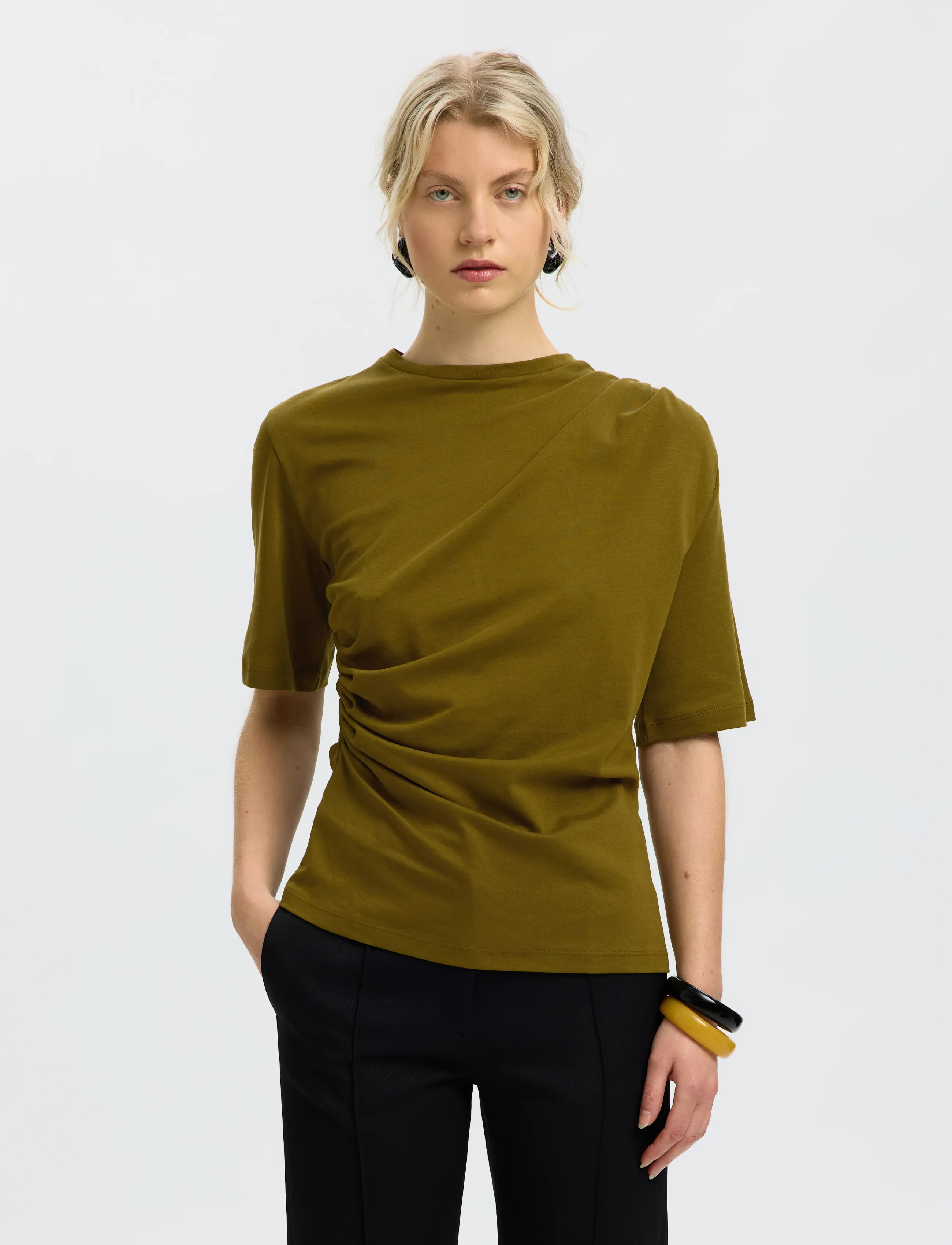 Selected SLWOLINE LIGHT TWIST TEE - Selected - FIR GREEN / khaki/green