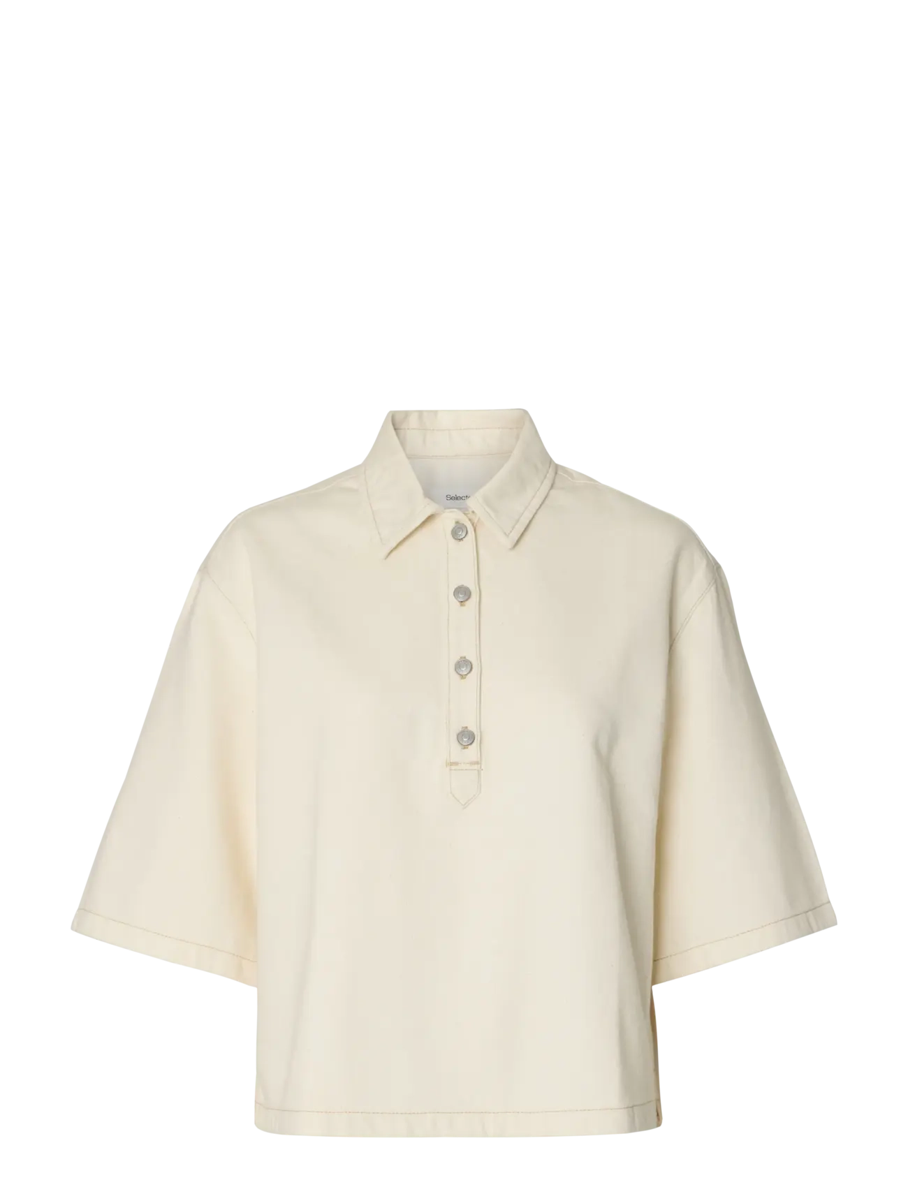 Selected SLFLIVA-TENNA 2/4 BOXI POLO DENIM SHIRT - Selected - EGRET / cream