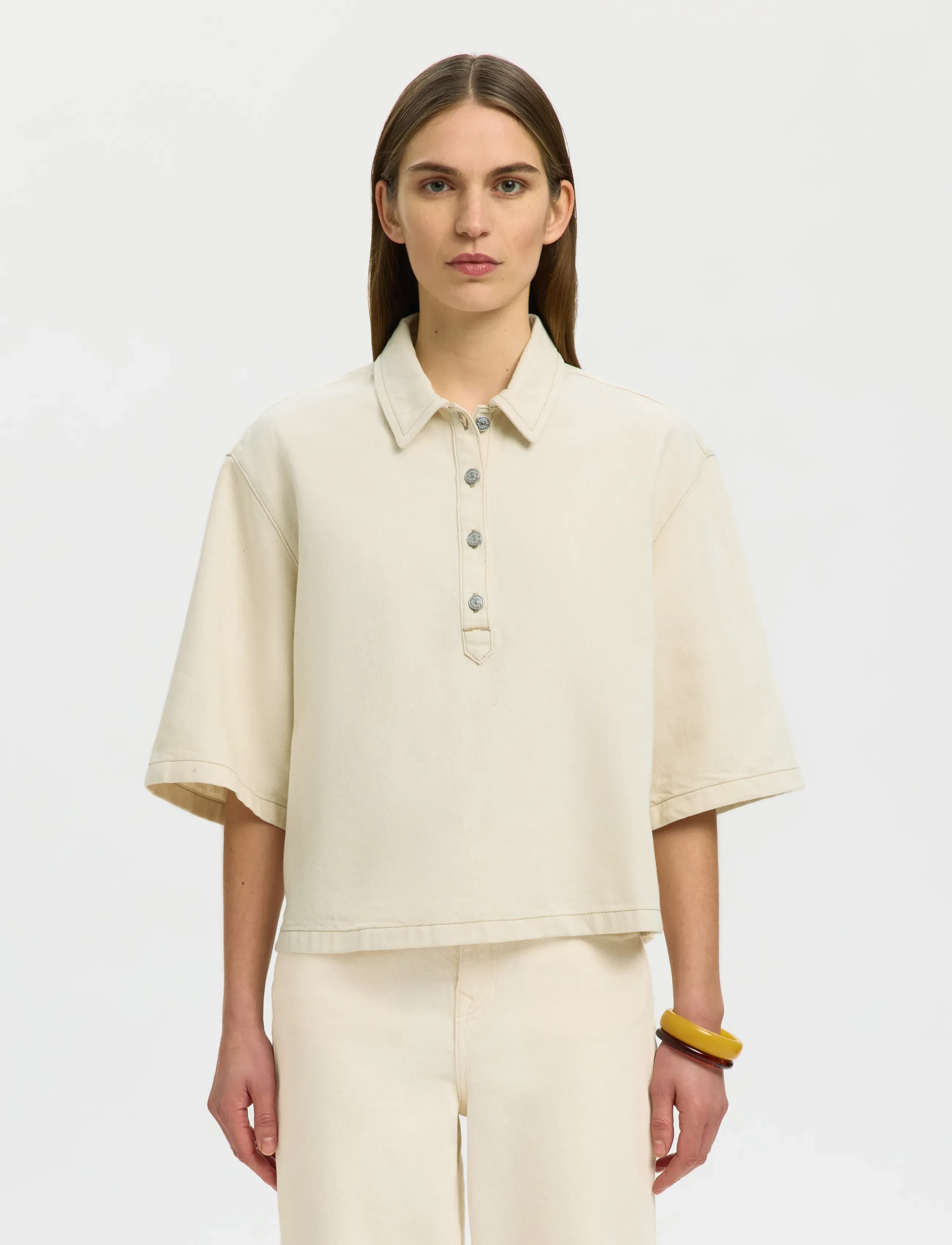 Selected SLFLIVA-TENNA 2/4 BOXI POLO DENIM SHIRT - Pluusid ja särgid - EGRET / cream