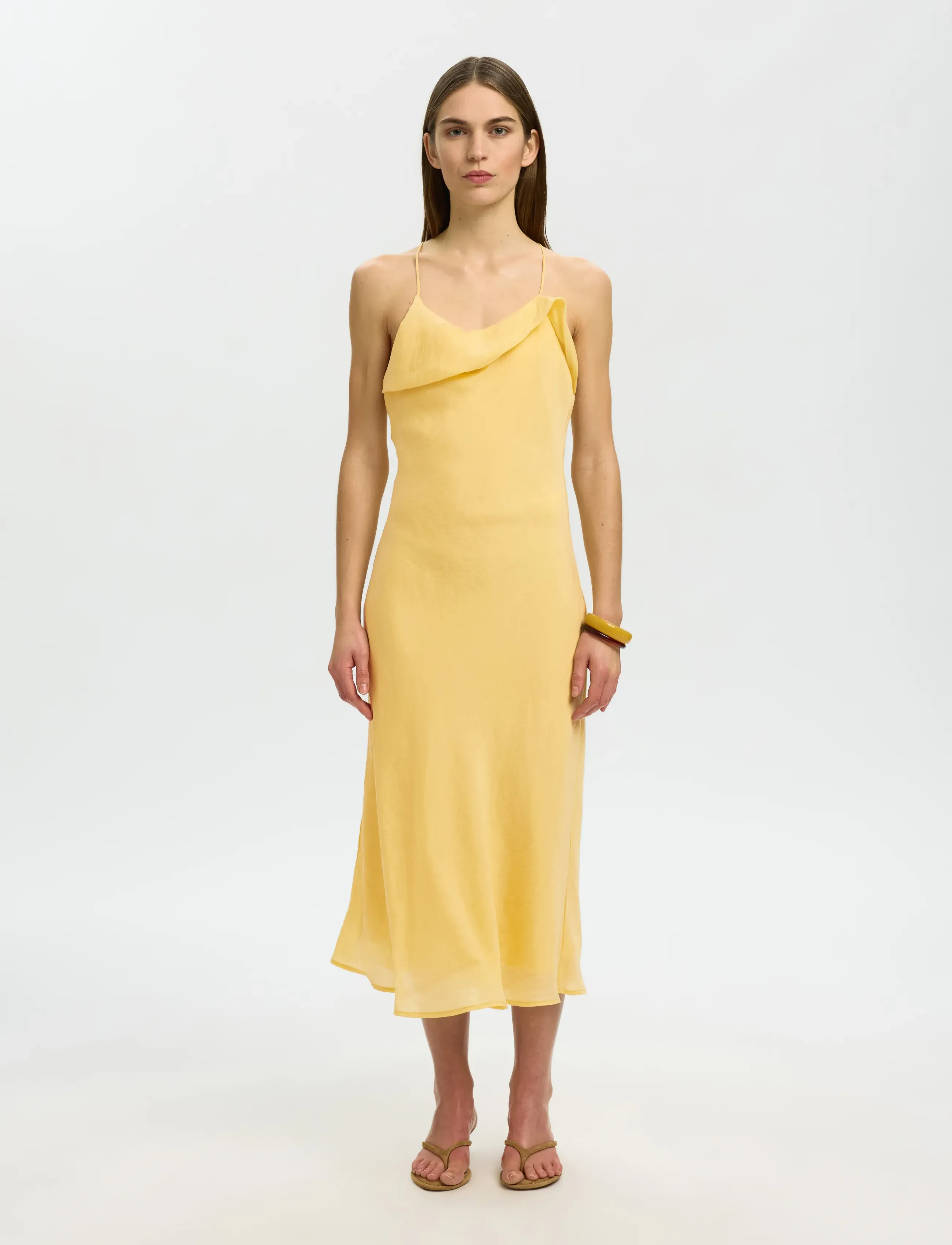 Selected Slwemma Slim Cupro Blend Midi Strap Dres, Kvinder, Midi Stroptopkjole, Gul, Str: 42