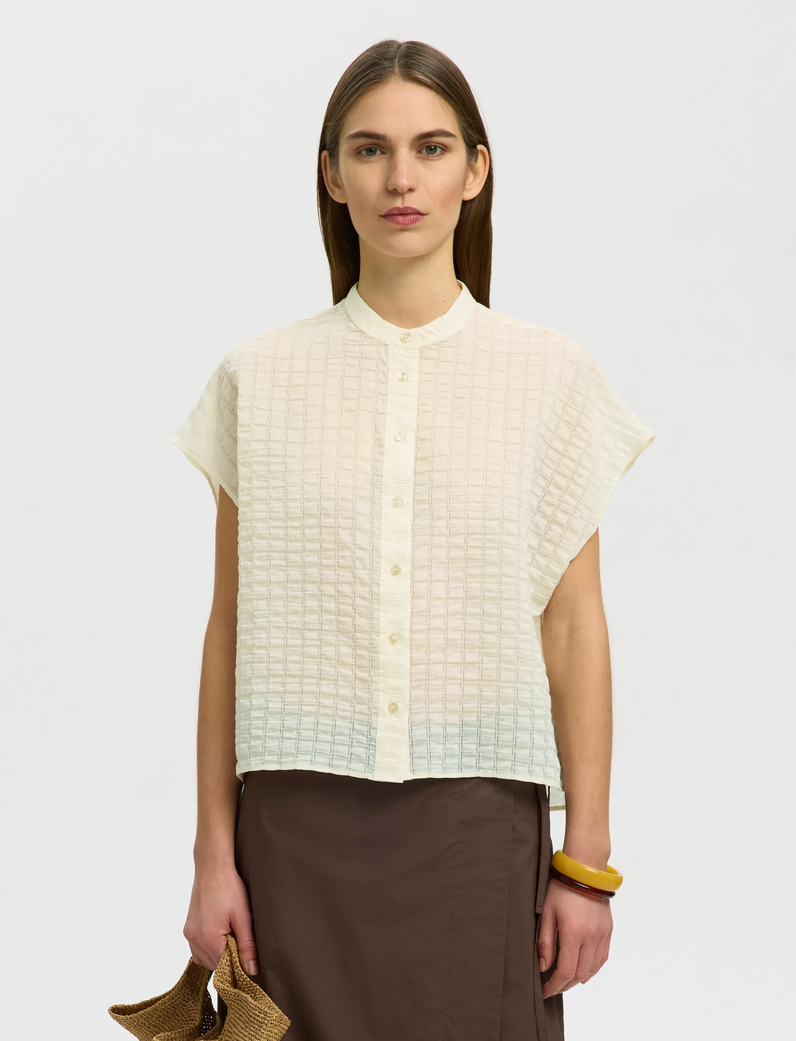 Selected Slwlilja Oversized Sl Check Shirt, 36, Shirts, Creme - Short-sleeved, Frauen