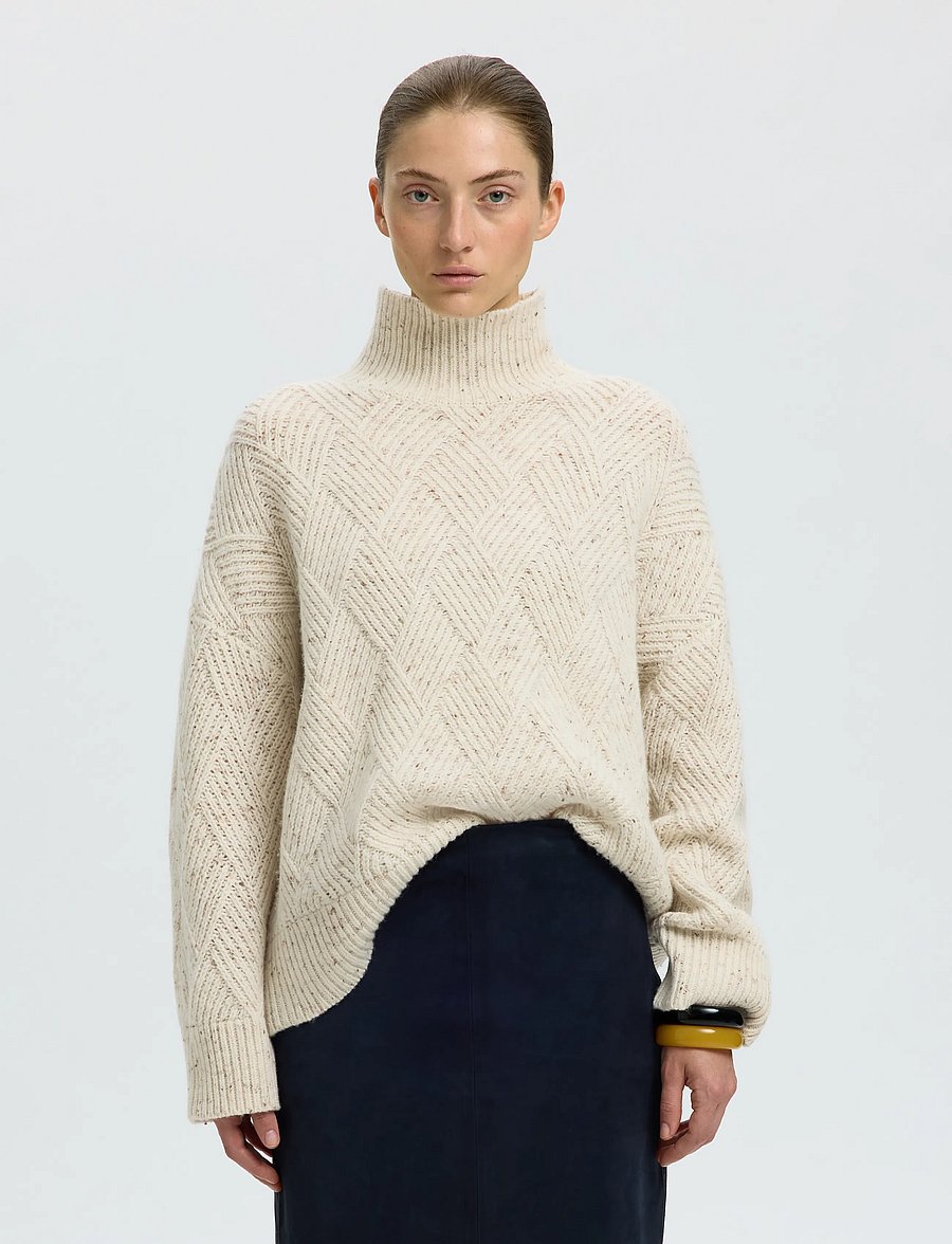 Selected - SLWCORA LS KNIT STRUCTURE HIGH NECK CAMP - pullover - egret - 0