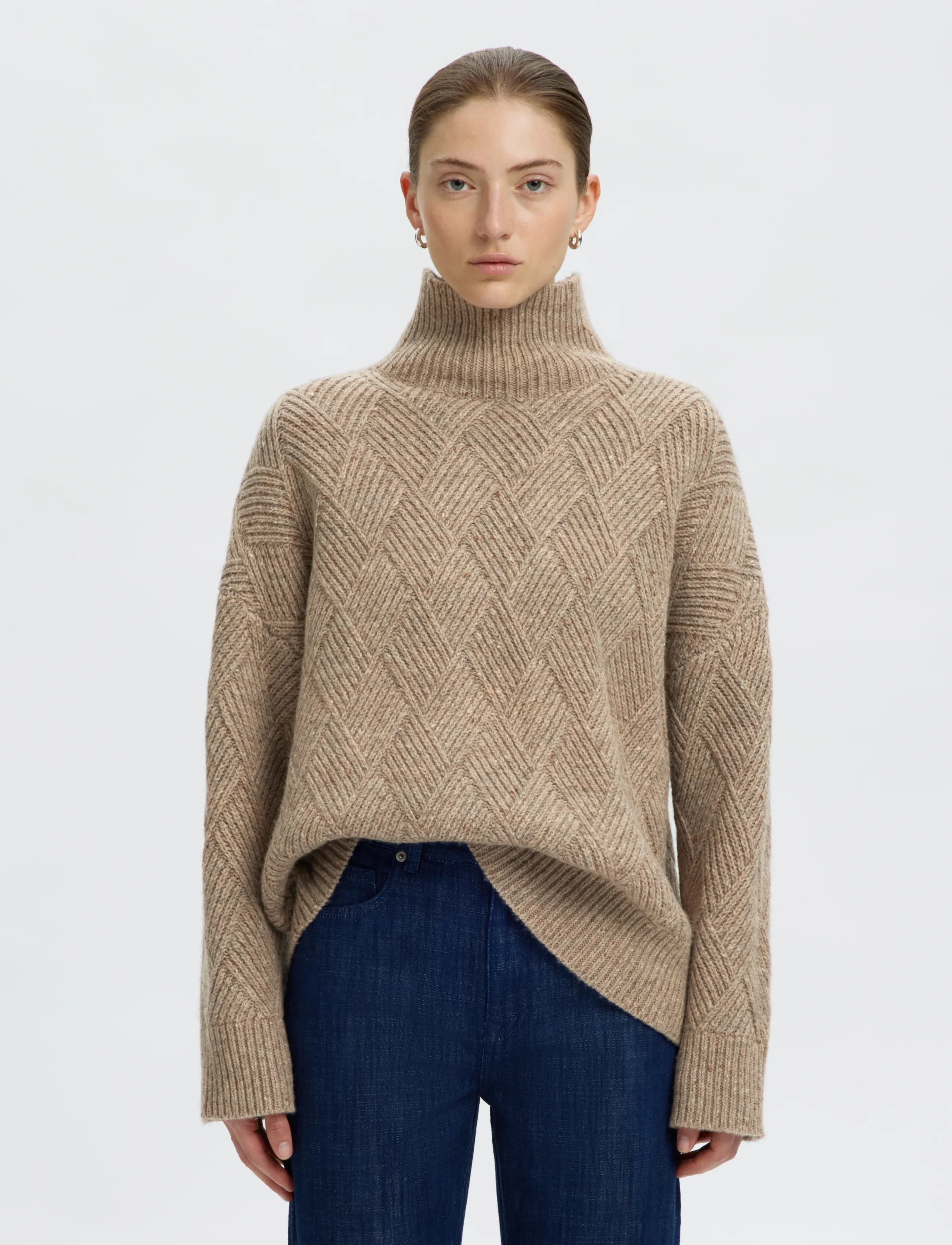 Selected - SLWCORA LS KNIT STRUCTURE HIGH NECK CAMP - pullover - oatmeal - 0